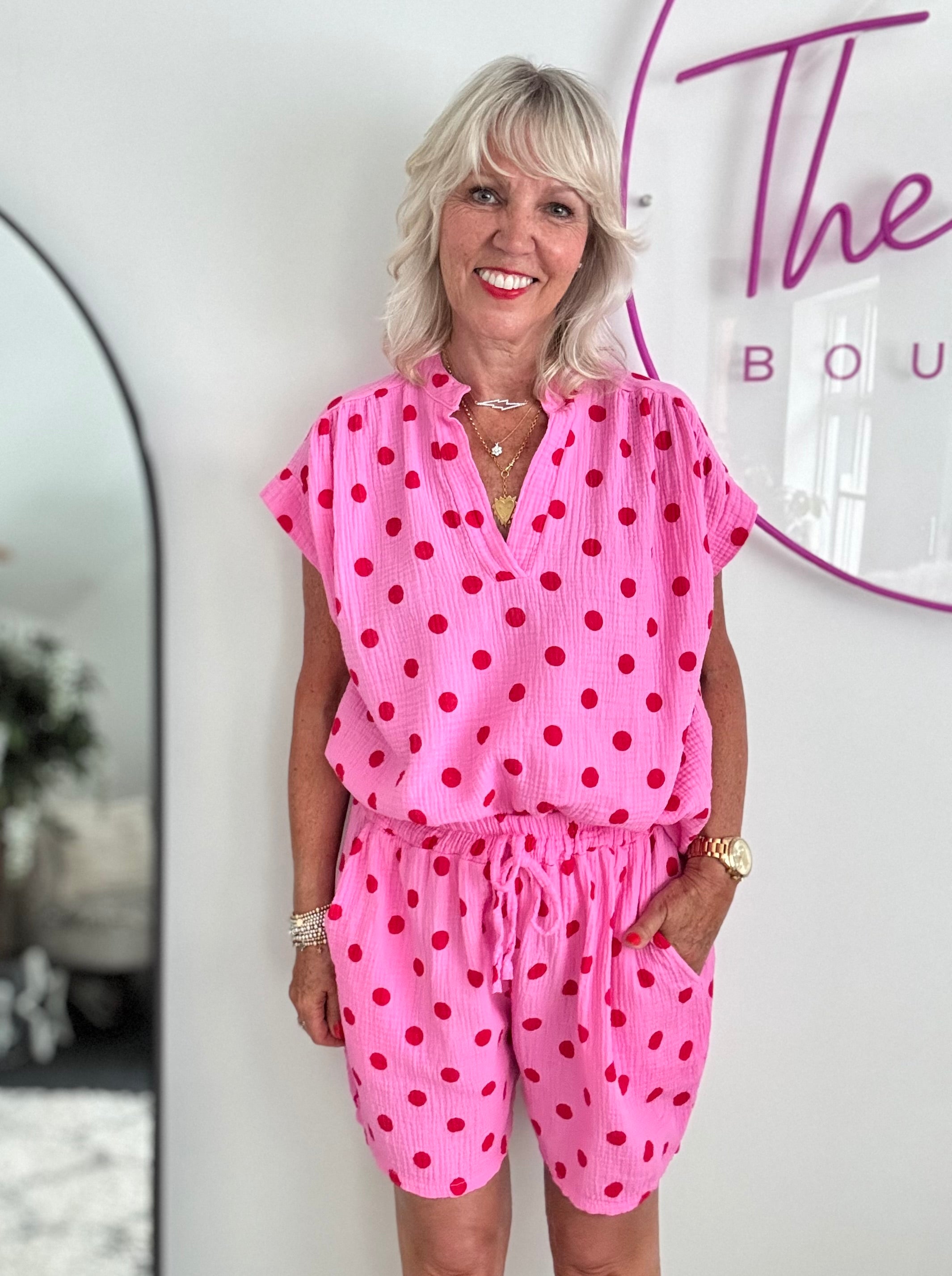 Cheesecloth Spot Top in Pink & Red
