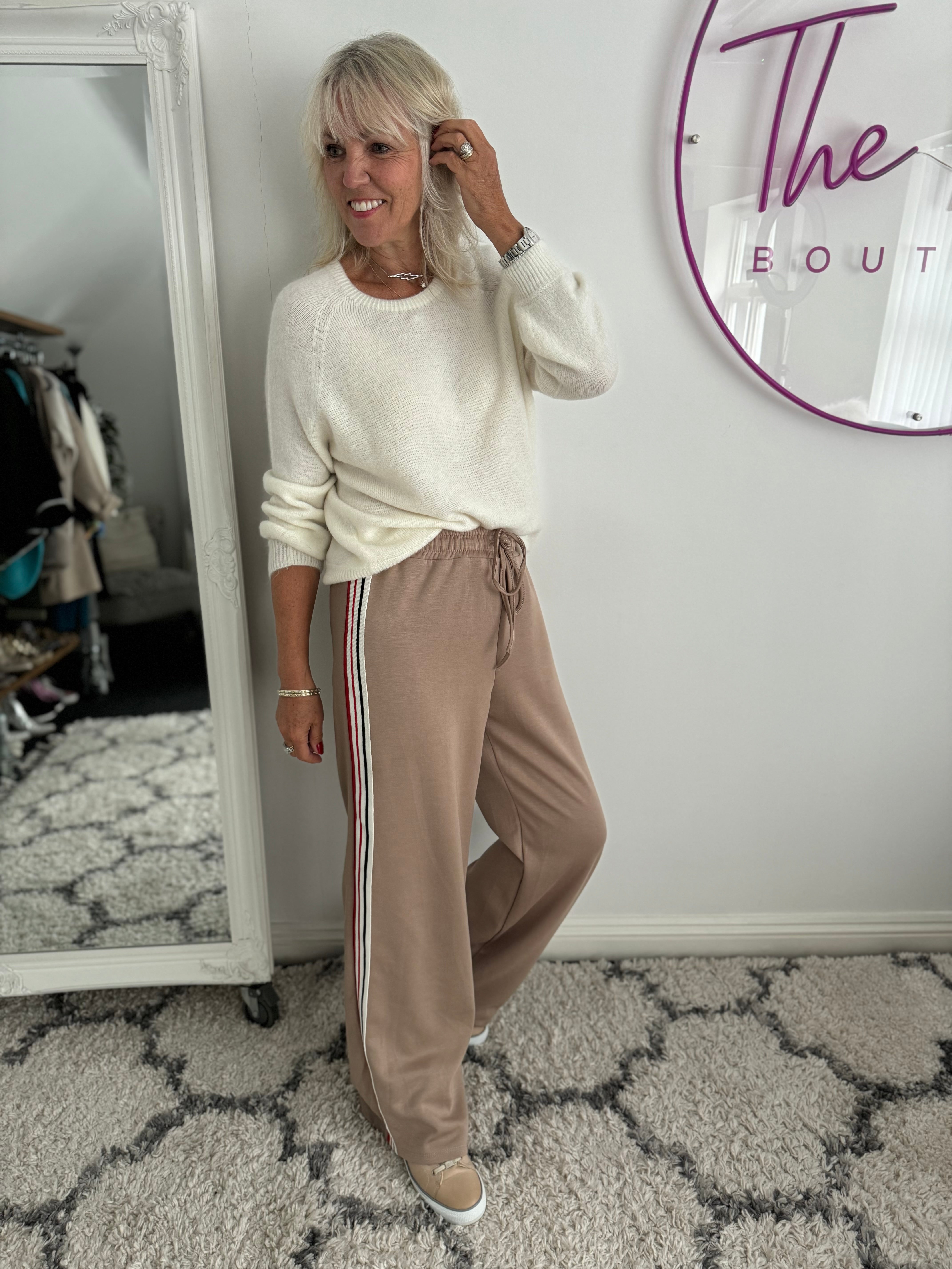 Wide Leg Jersey Trousers with Side Stripes in Mocha