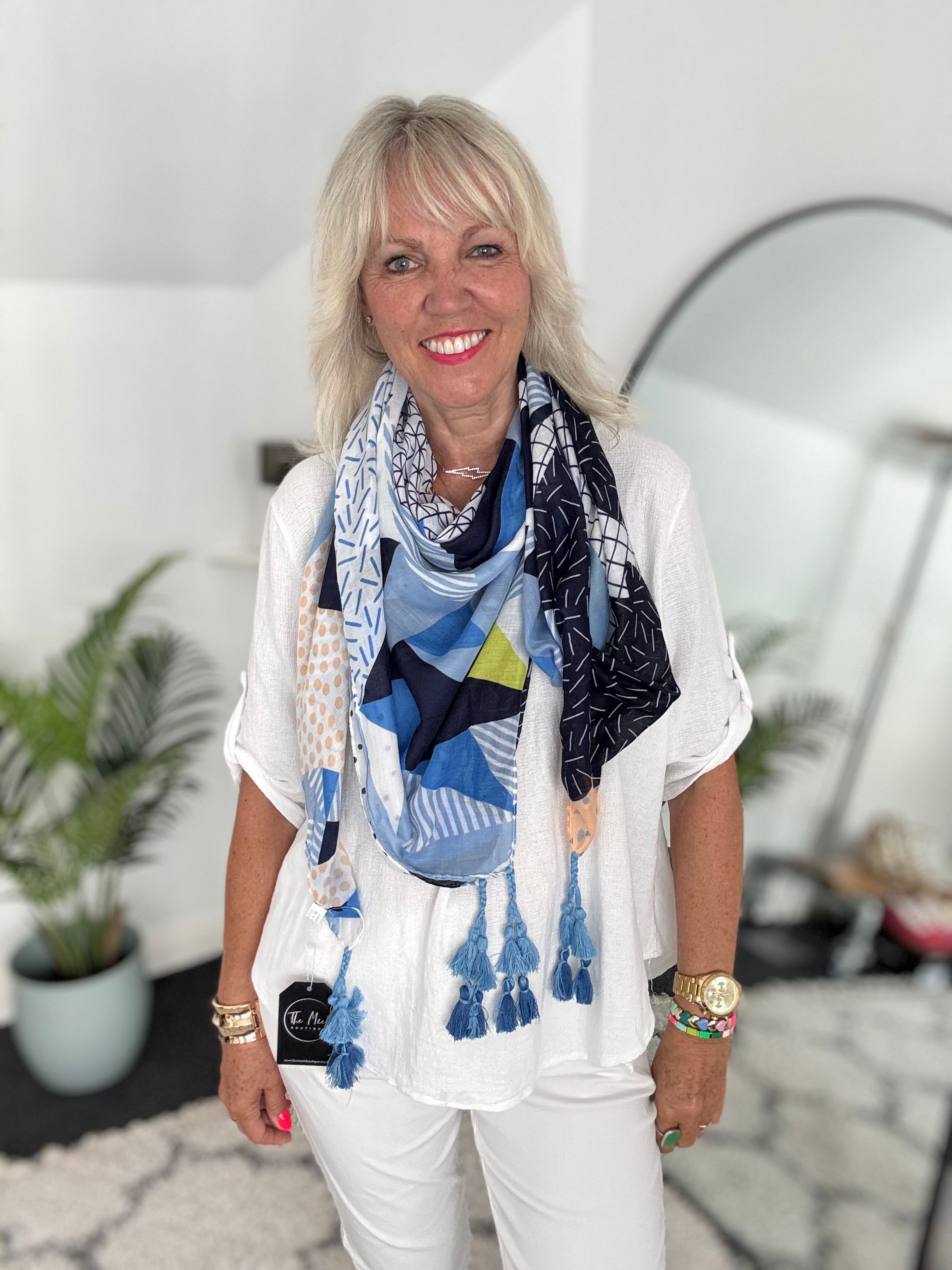 Patterned Square Scarf with Tassels in Blue