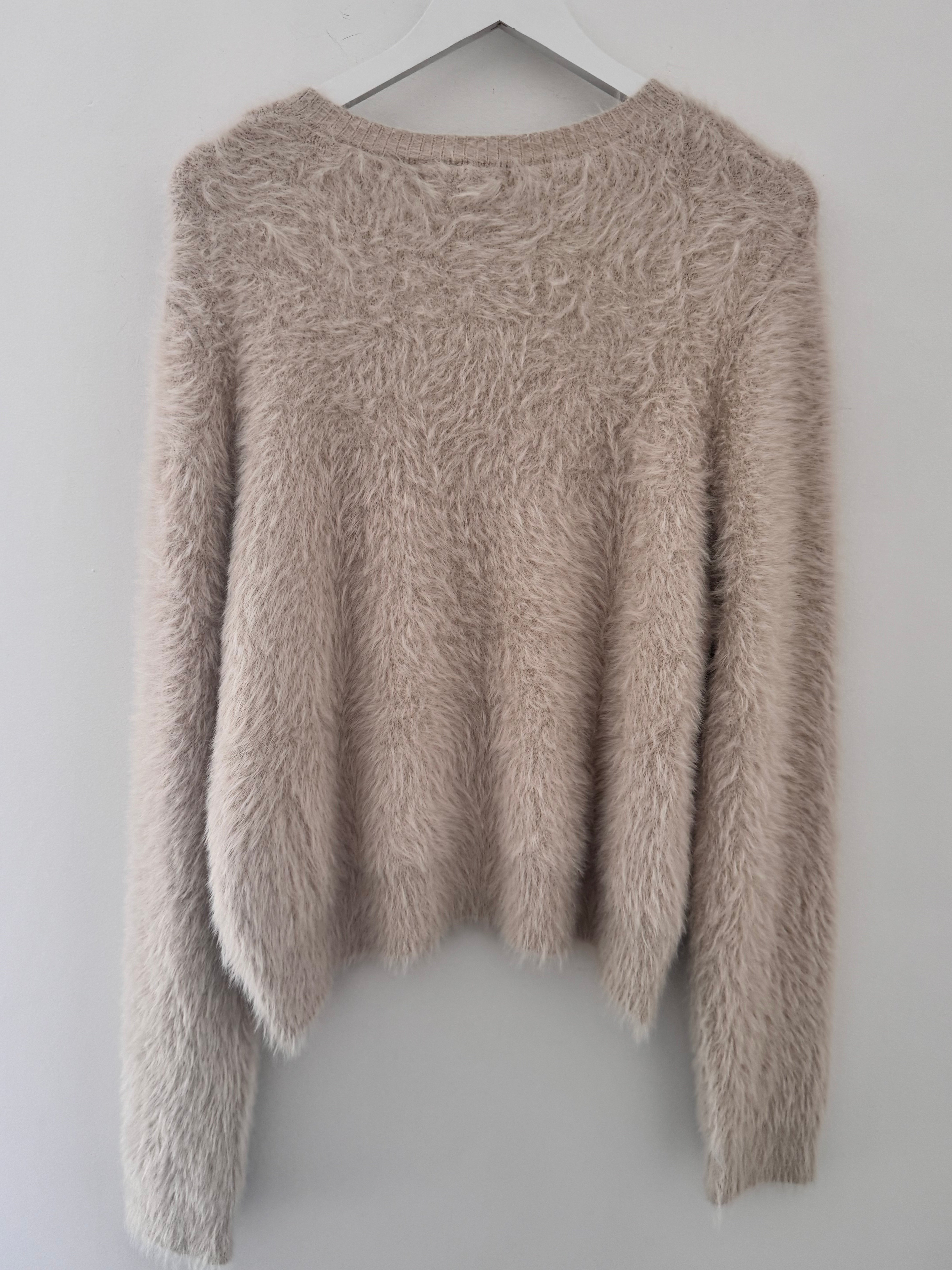 Fluffy Cardi with Multicolour Buttons in Ecru