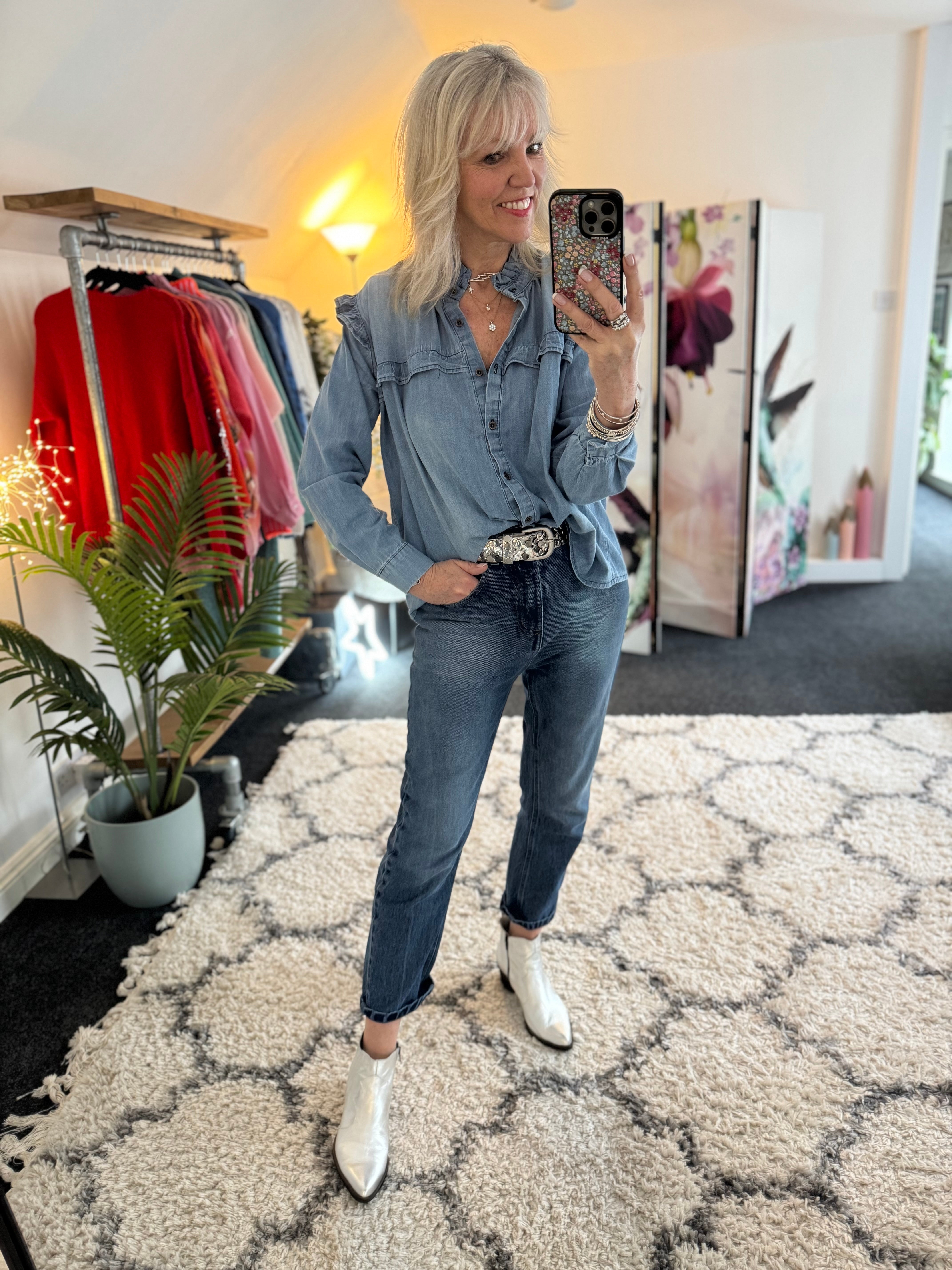 Luxe Ruffle Blouse in Mid Denim