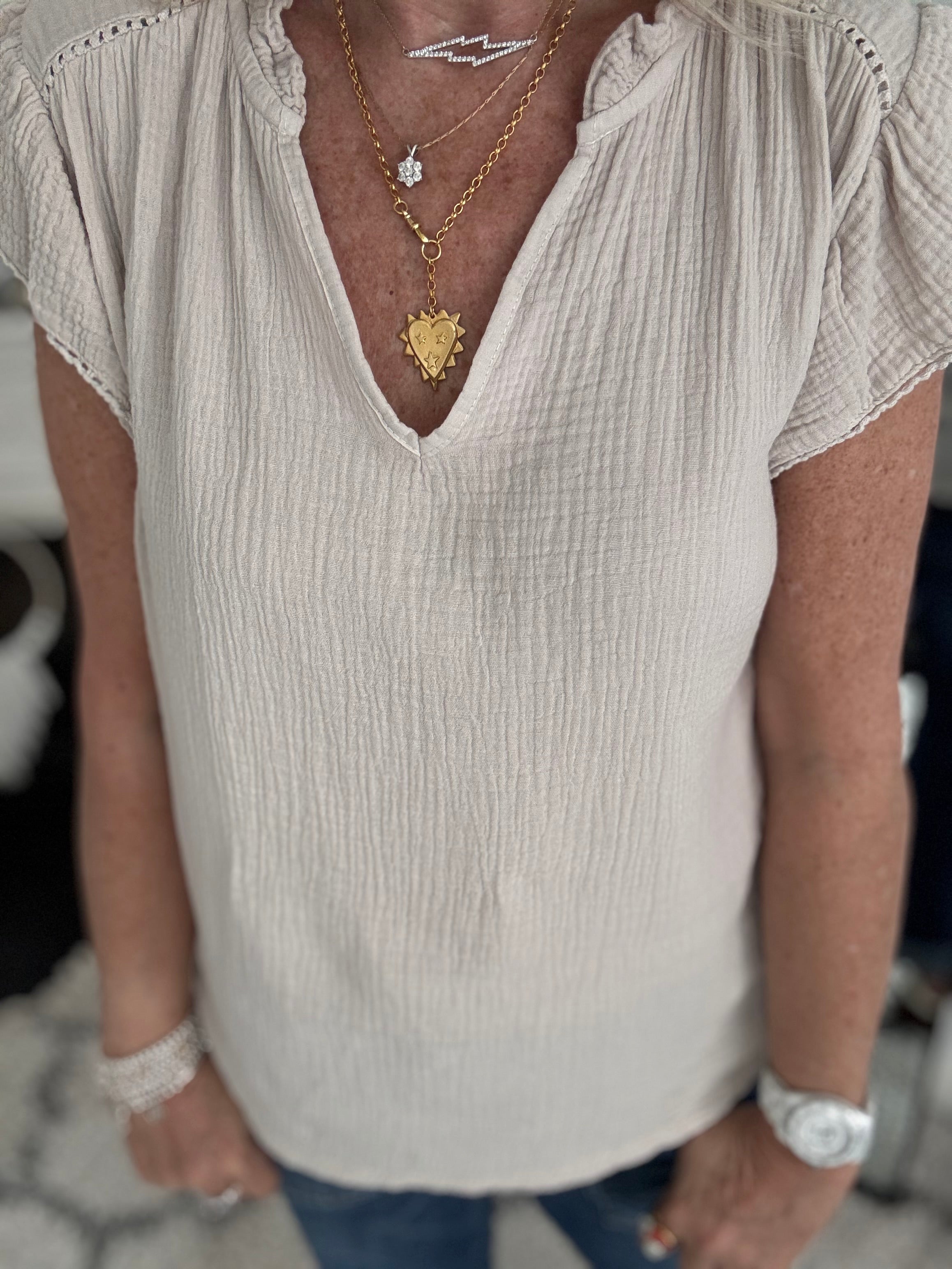 Cheesecloth Top with Ruffle Sleeves in Stone