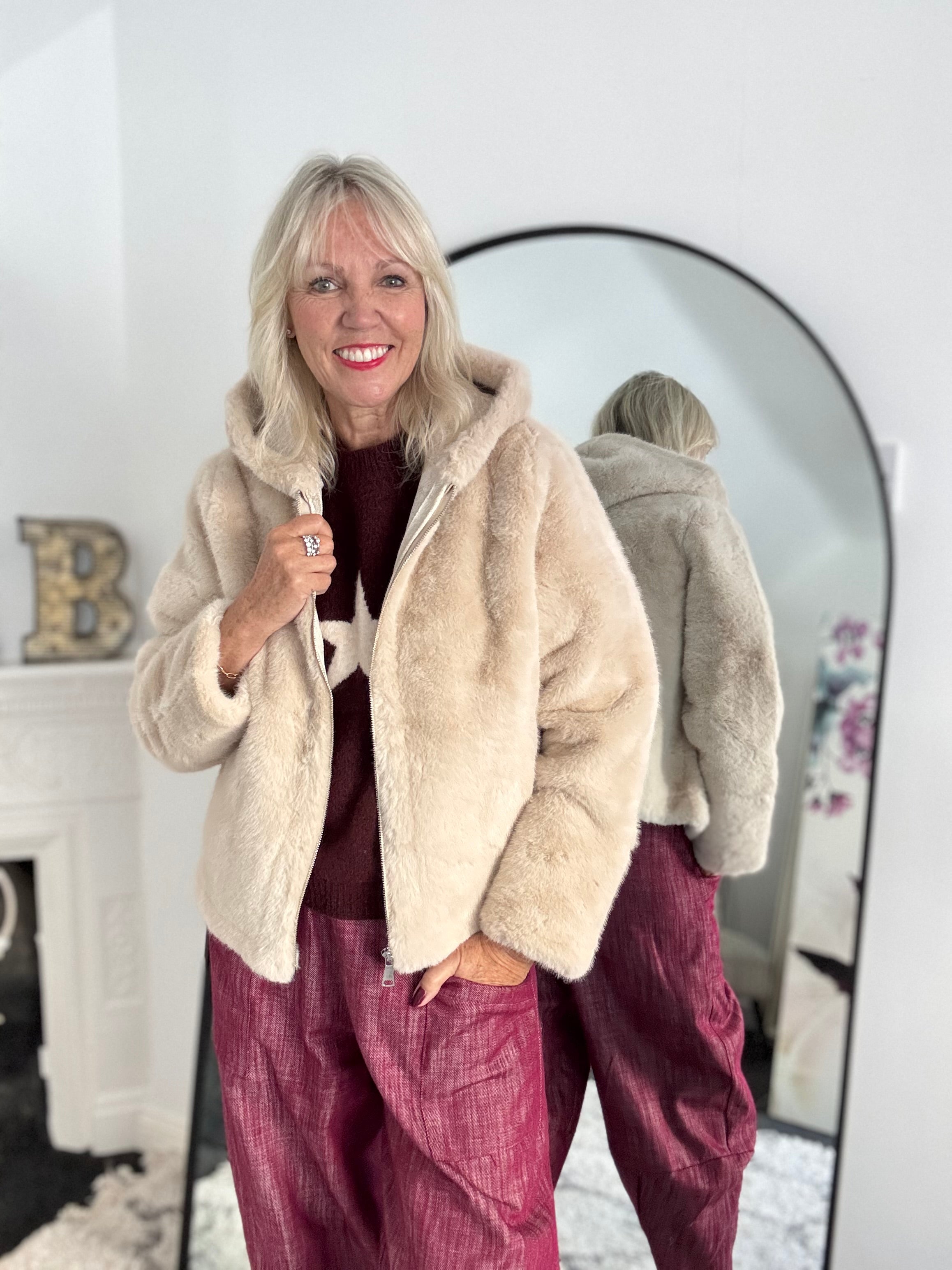 Hooded Fur Jacket in Ecru