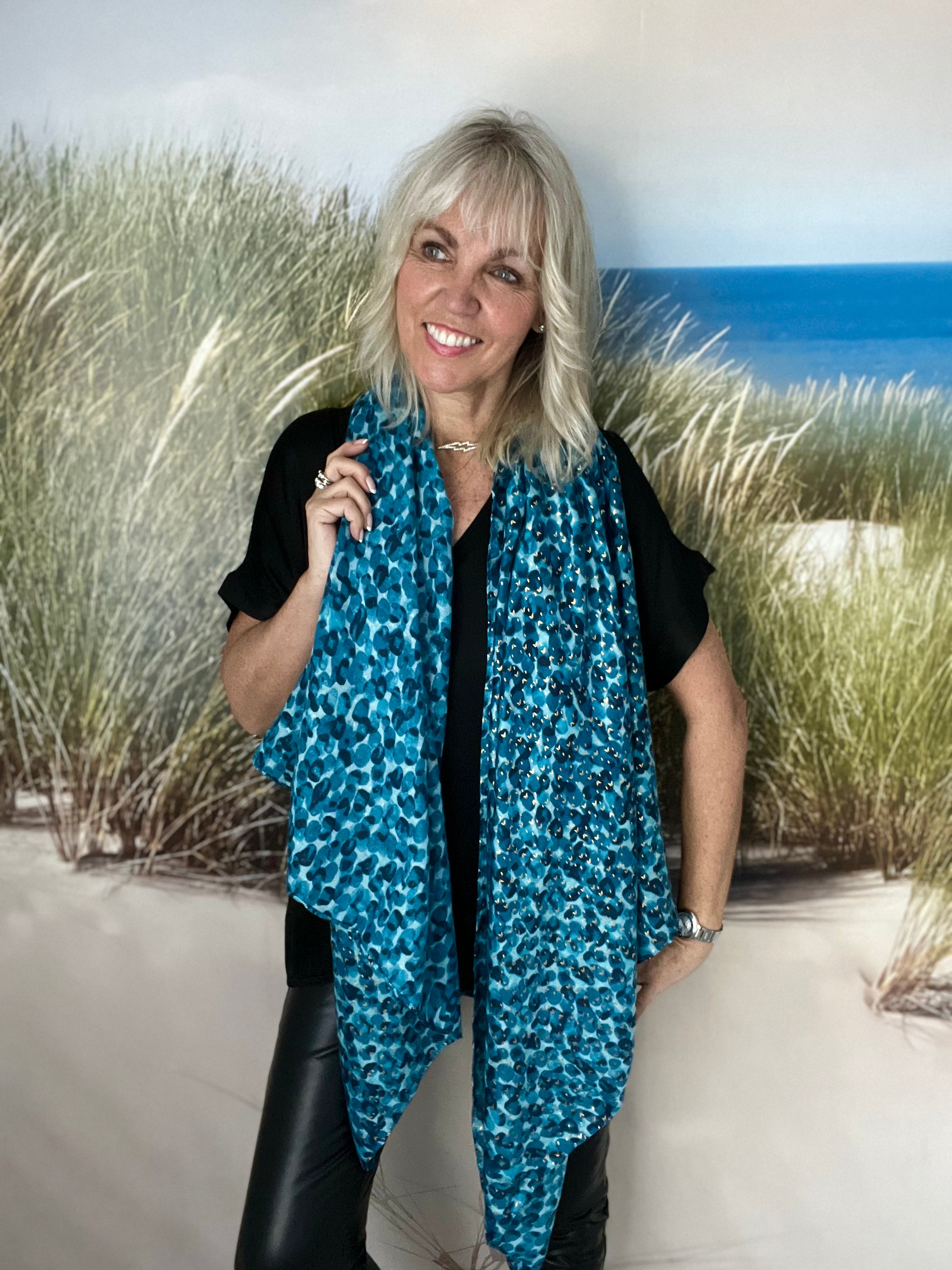 Animal Print Scarf with Gold Detail in Teal