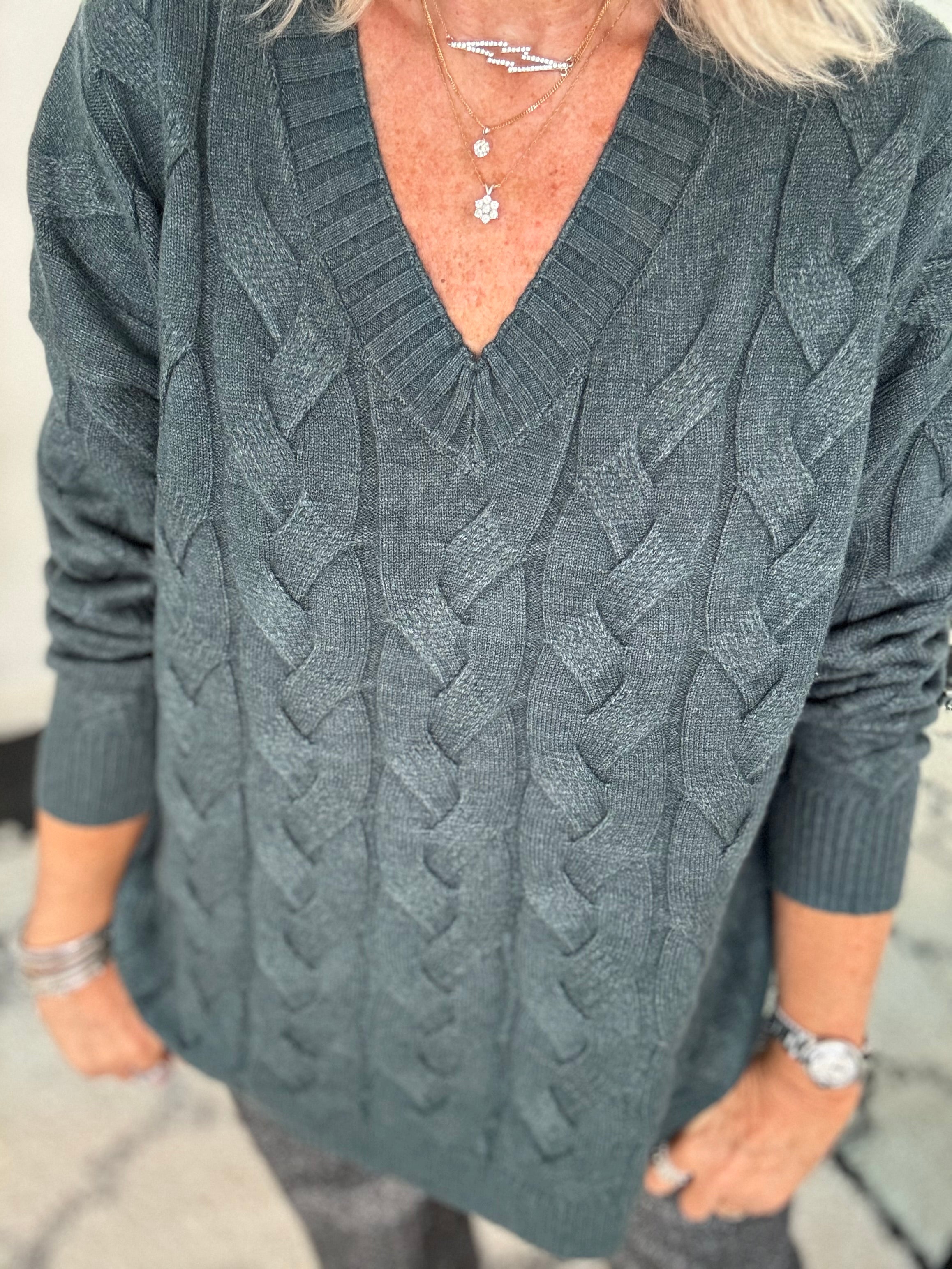 V Neck Cable Jumper in Sea Green