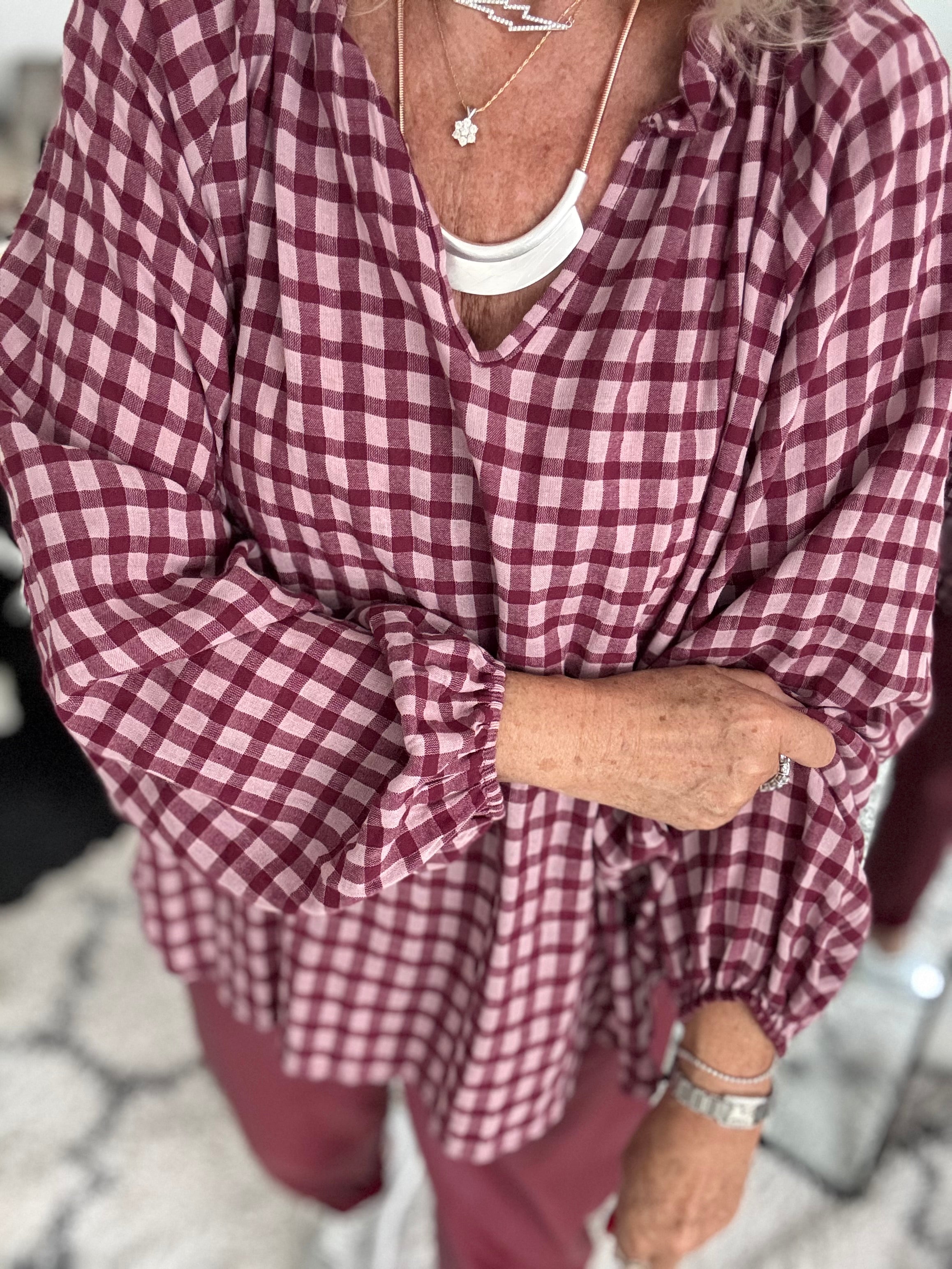 Oversized V Neck Check Top in Berry