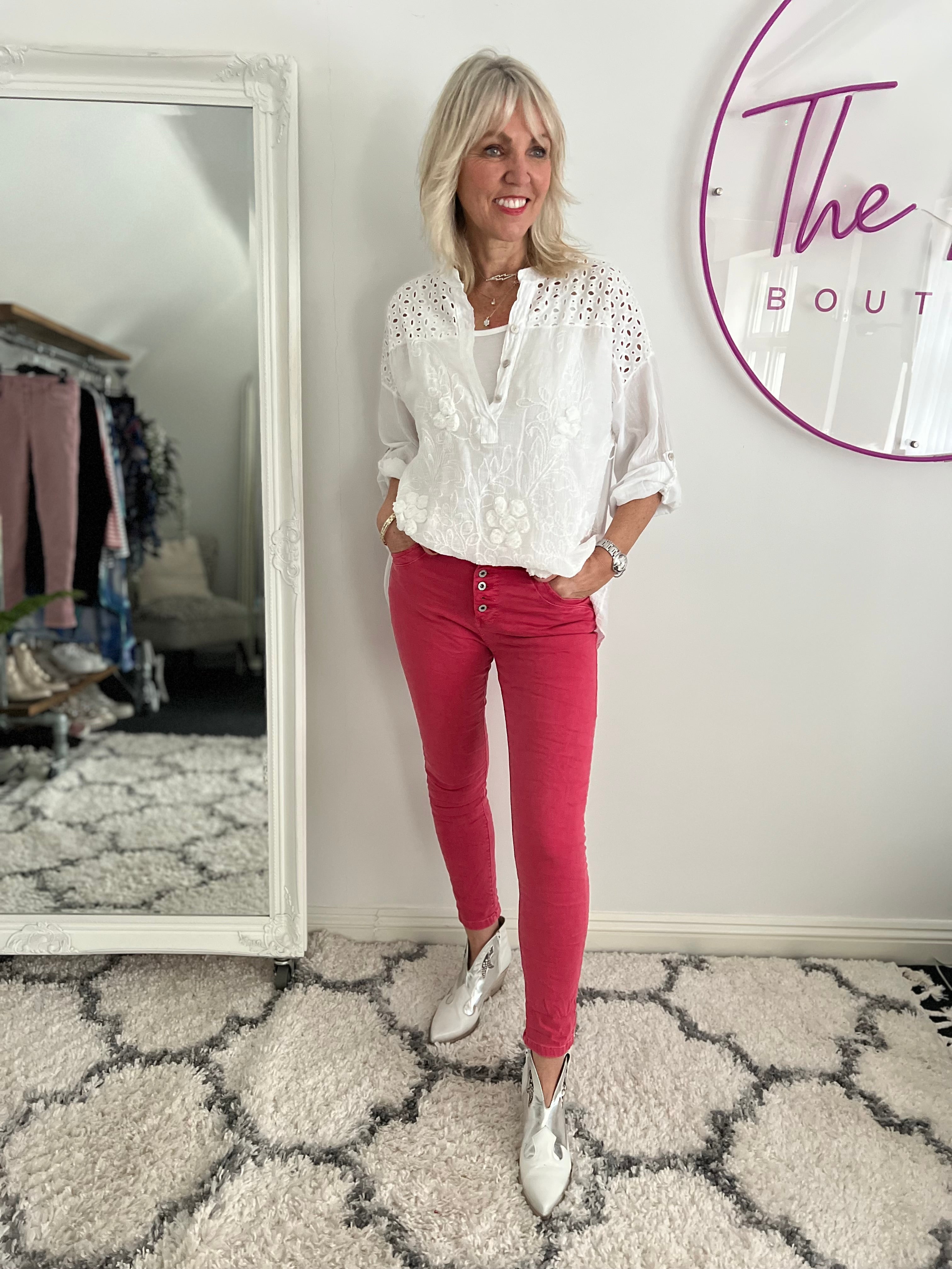 Button Fly Stretch Jeans in Soft Raspberry
