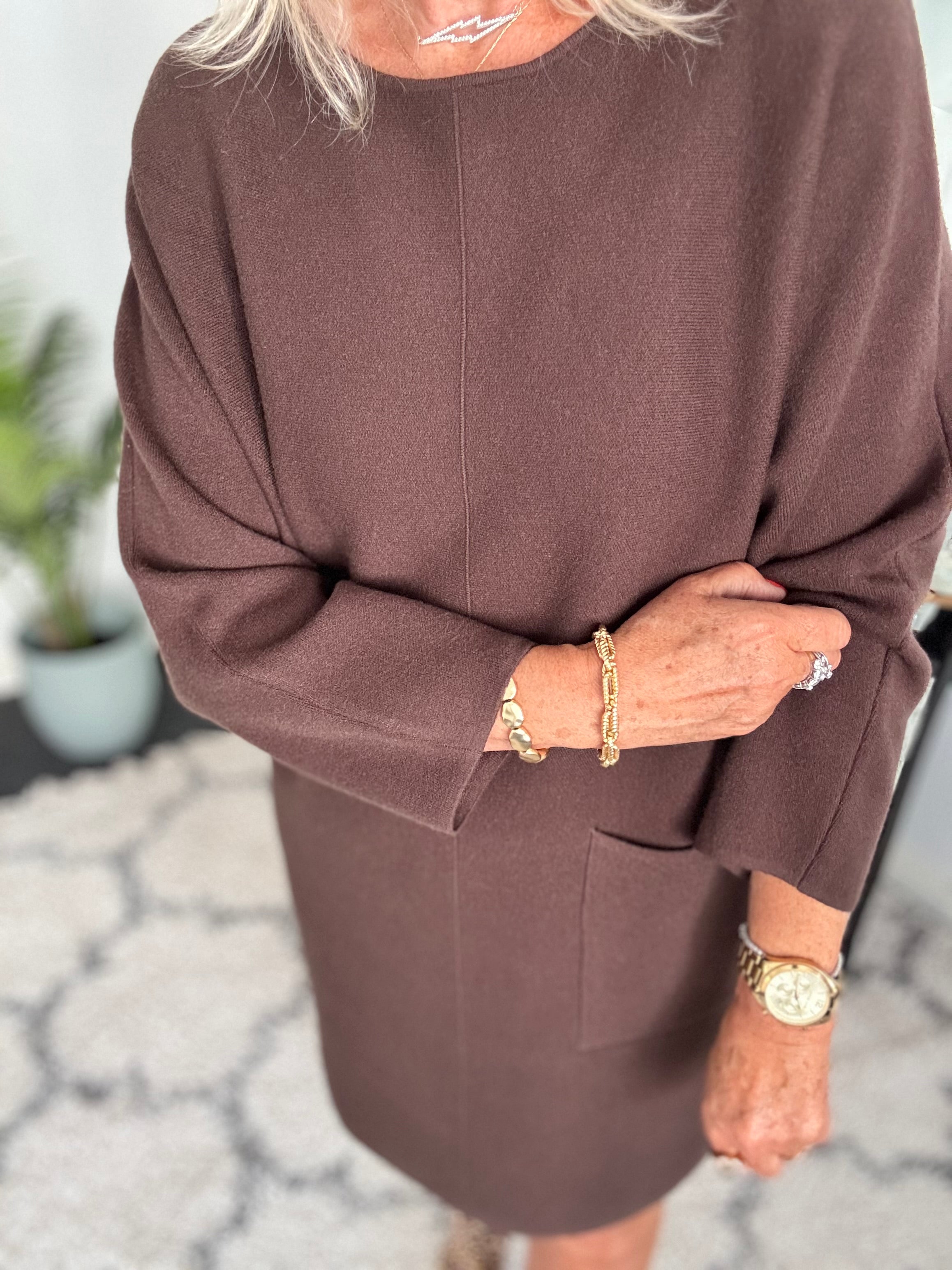 Luxe Knitted Pocket Dress in Chocolate