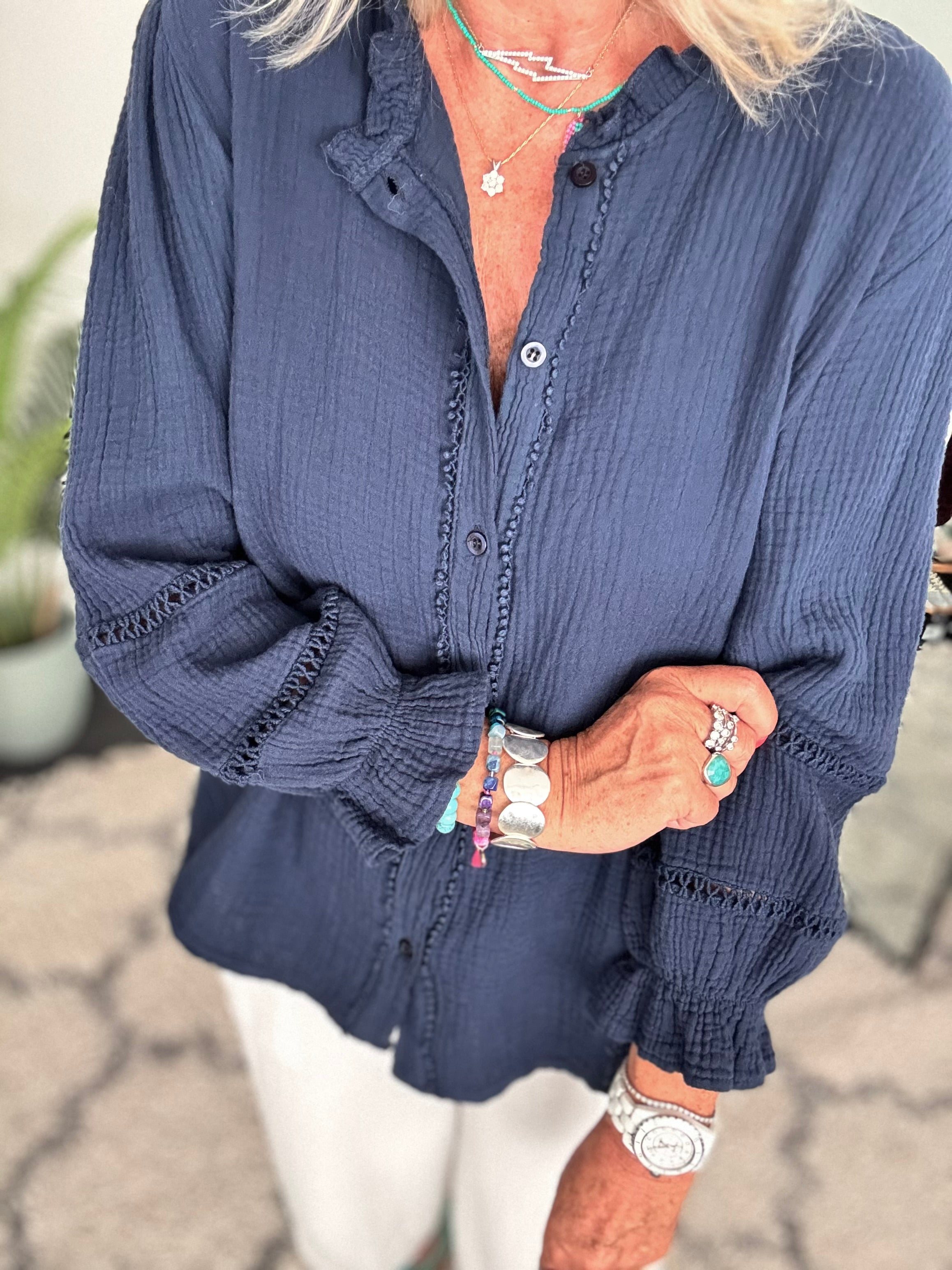 Detailed Cheesecloth Shirt in Navy