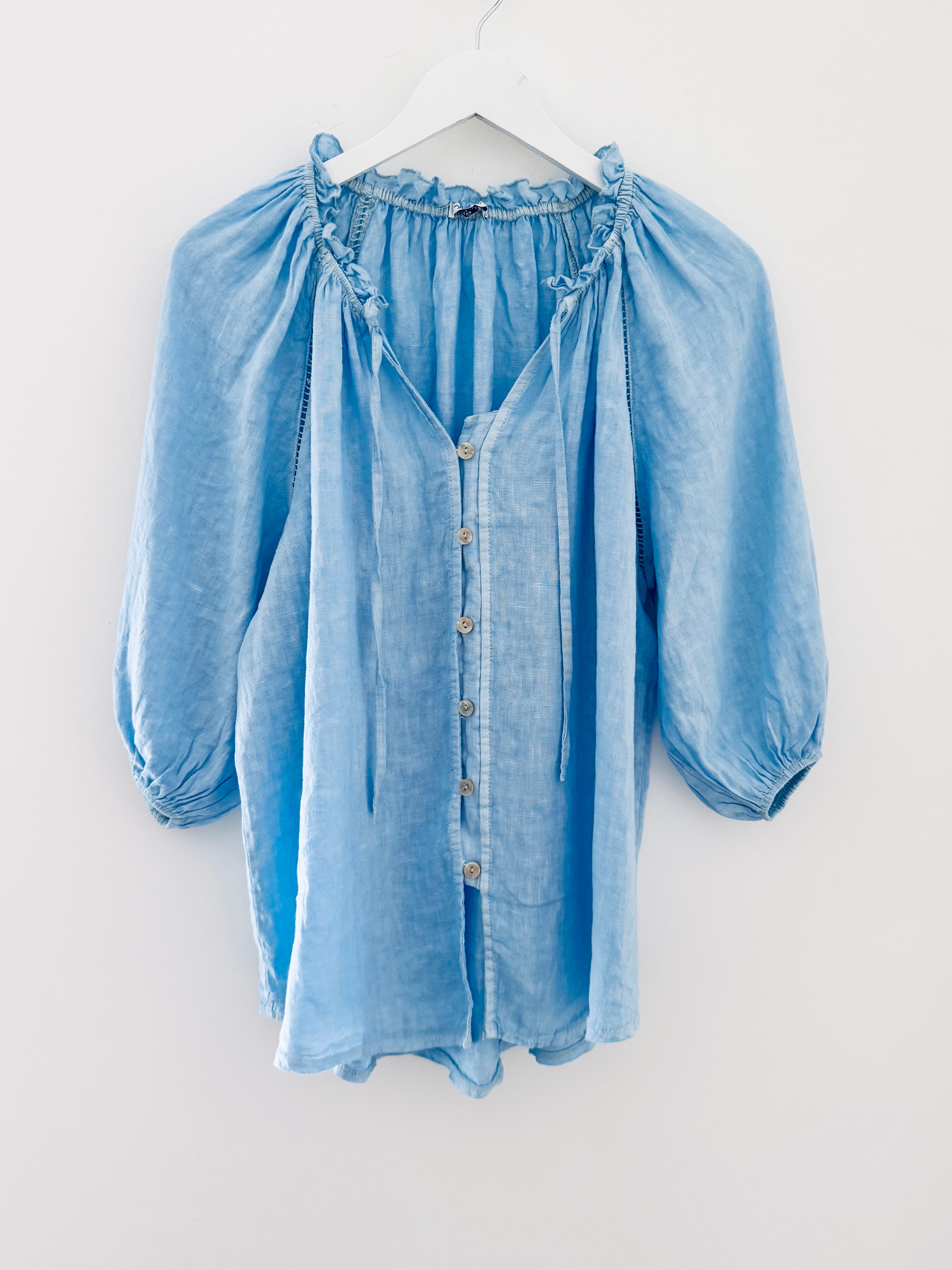 Pure Linen Designer Blouse in Sky Blue