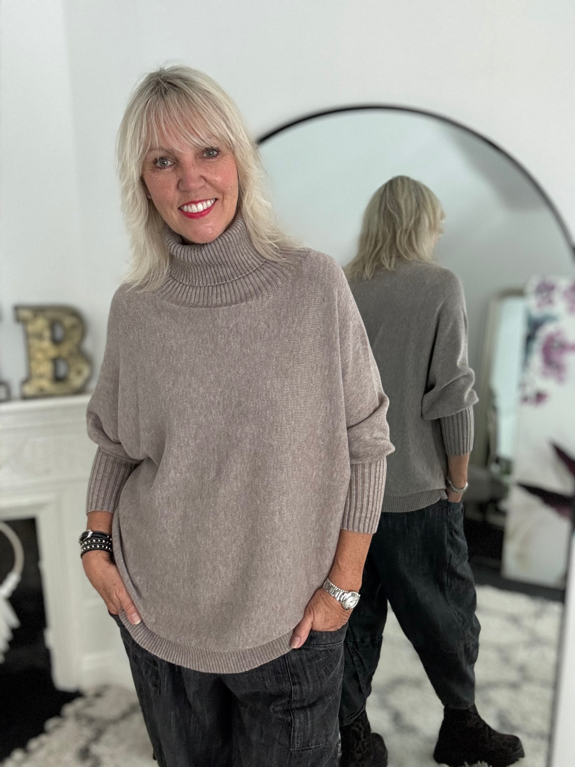 Oversized Roll Neck Poncho Jumper in Mocha