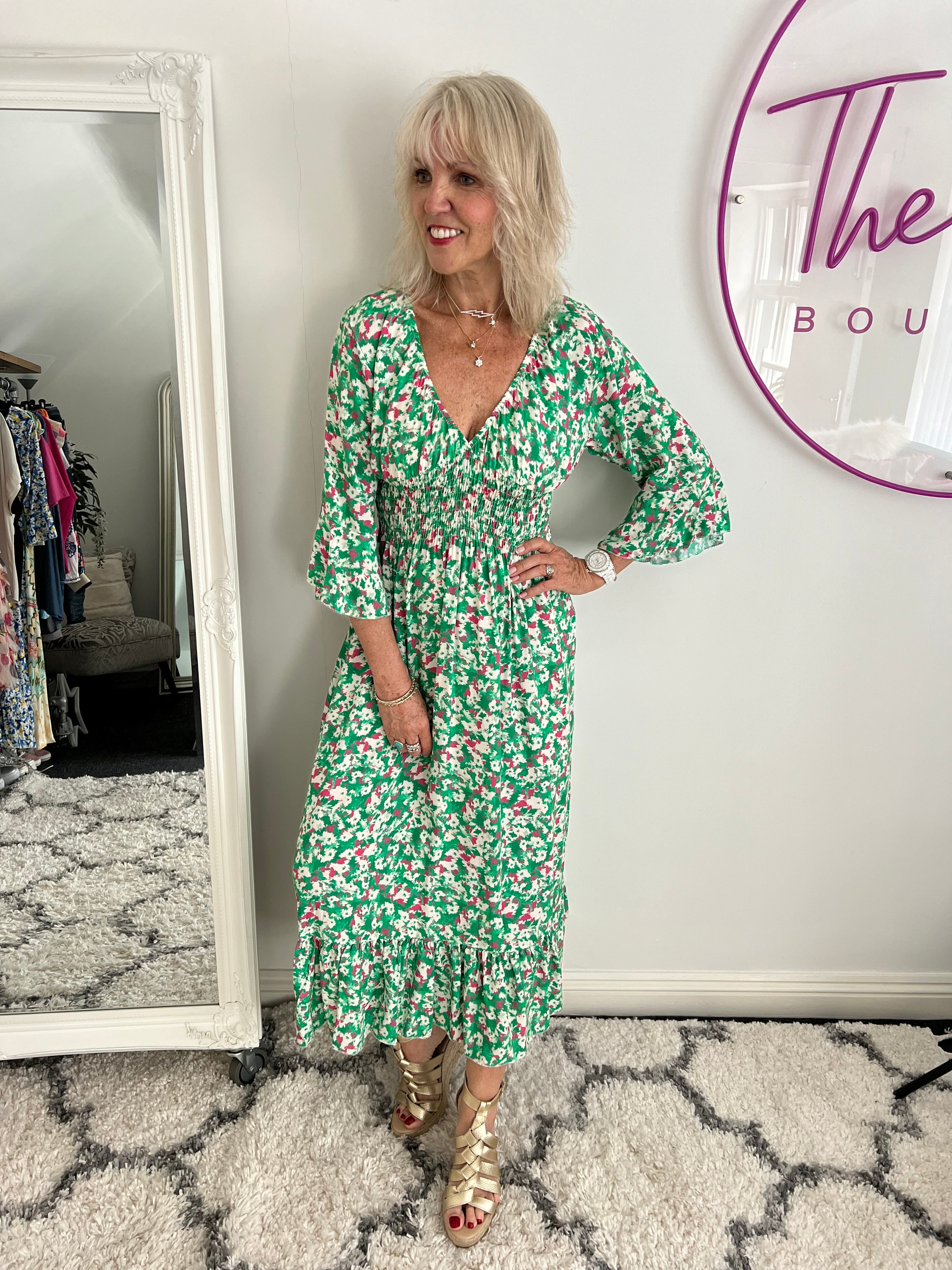 Floral Midi Dress in Green & Pink