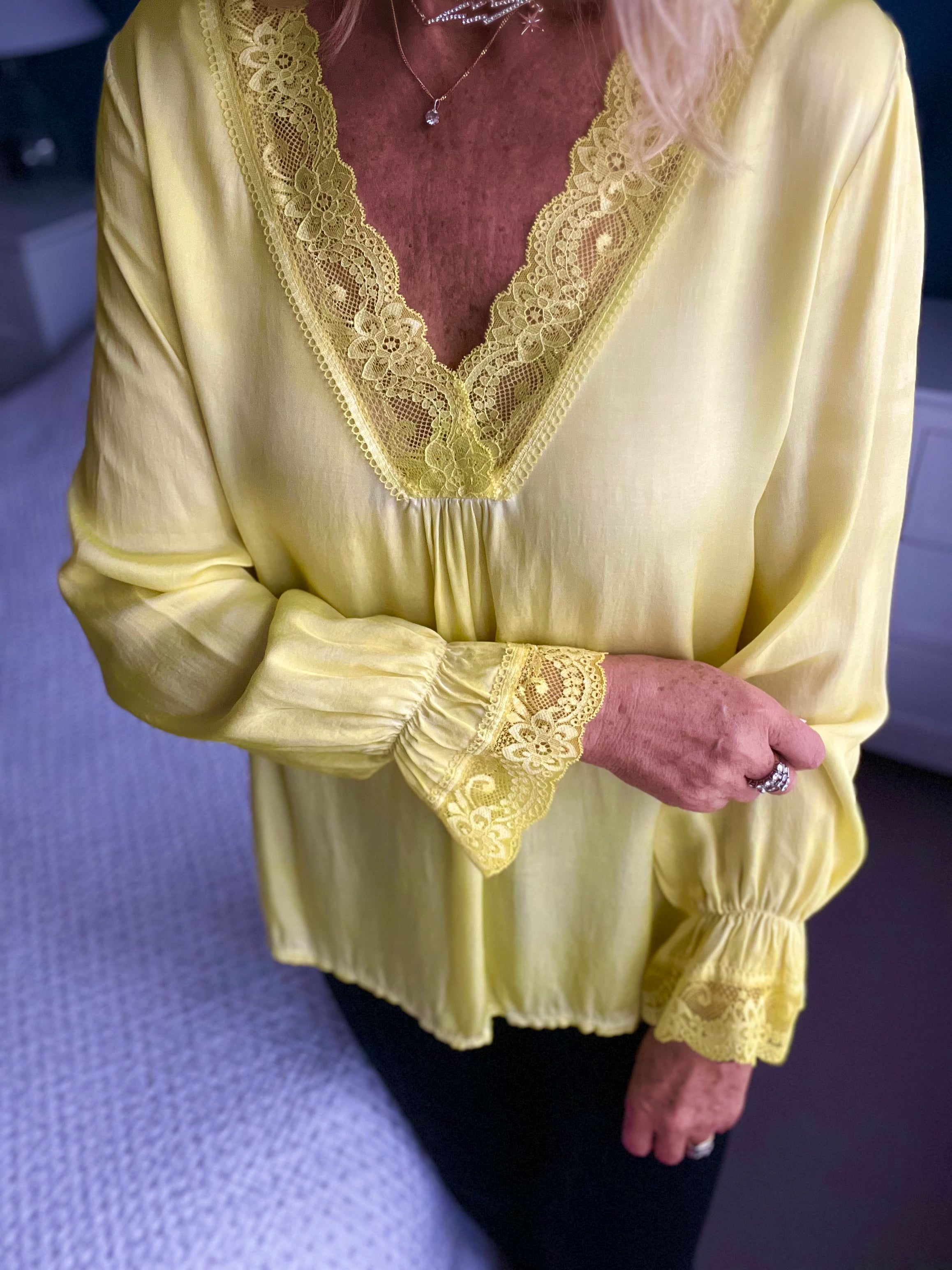 Silky Top with Lace Trim in Yellow