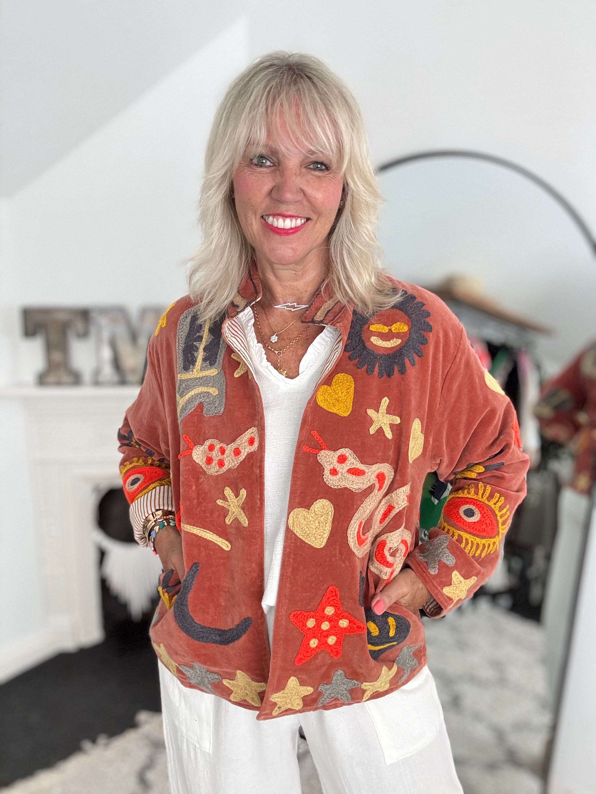 Artisan Velvet Jacket with Appliqued Folk Art in Sienna