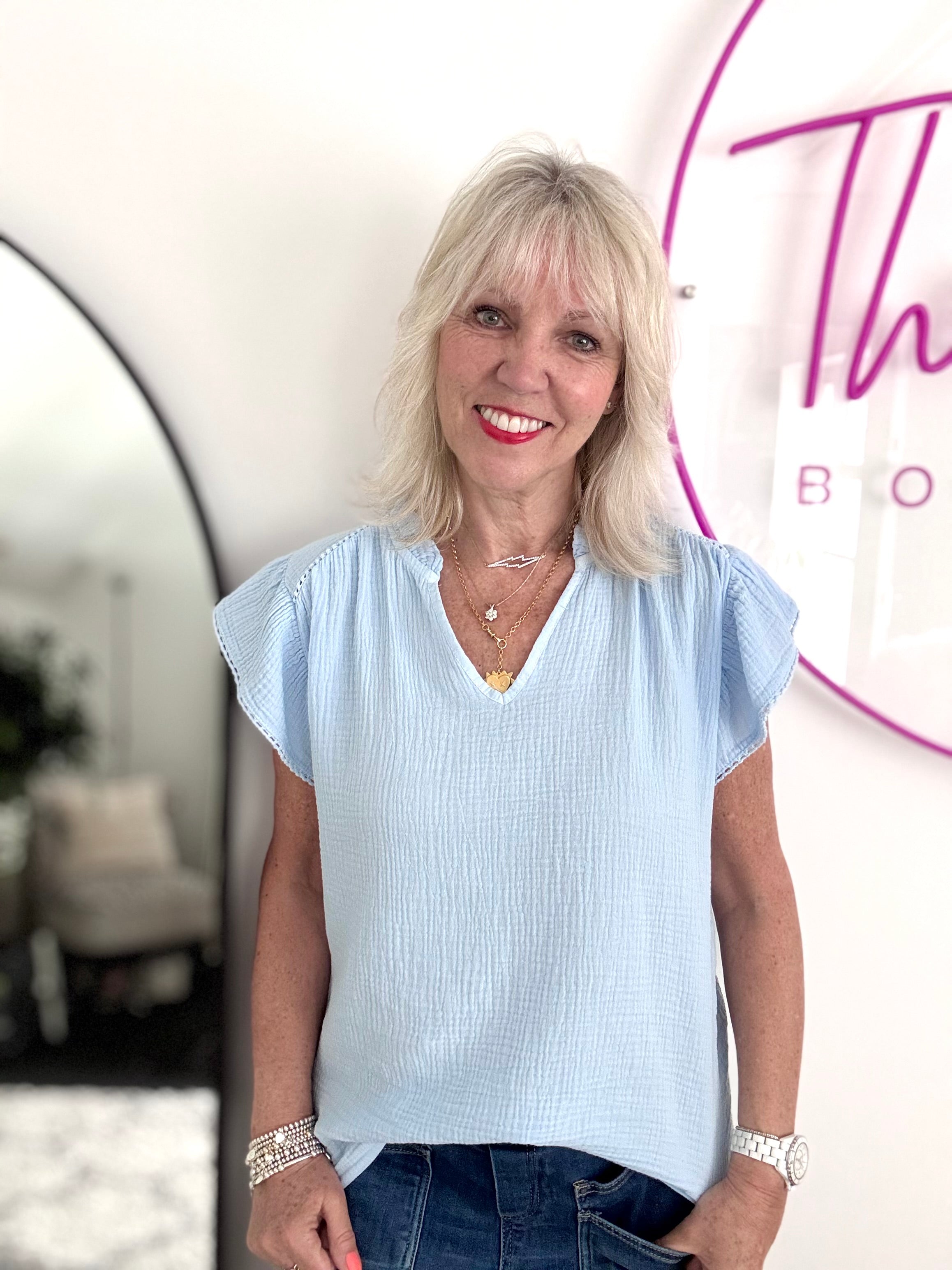 Cheesecloth Top with Ruffle Sleeves in Light Blue