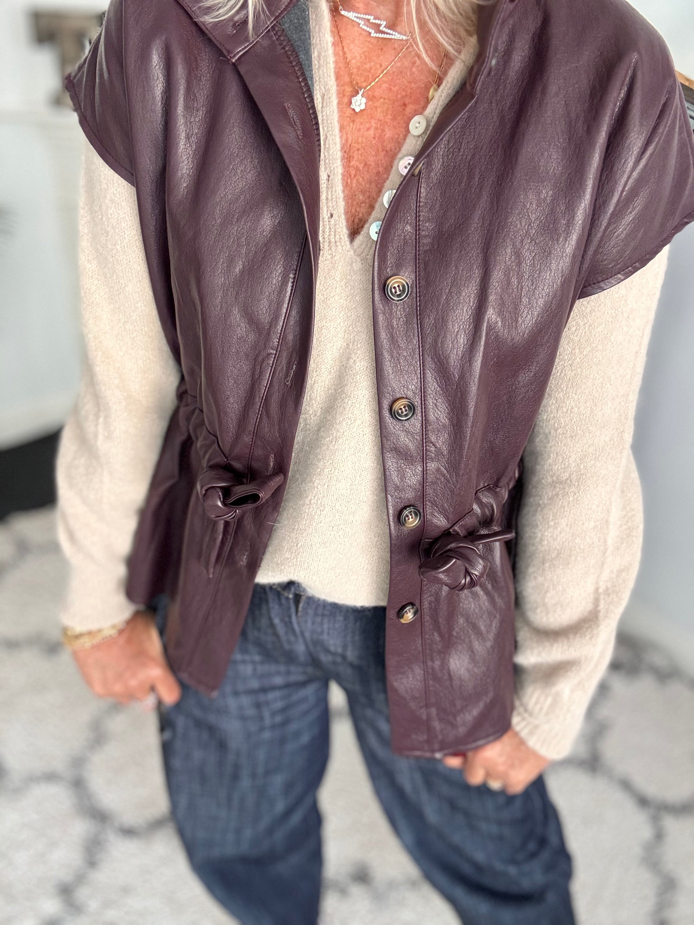 Designer Leather Gilet in Plum