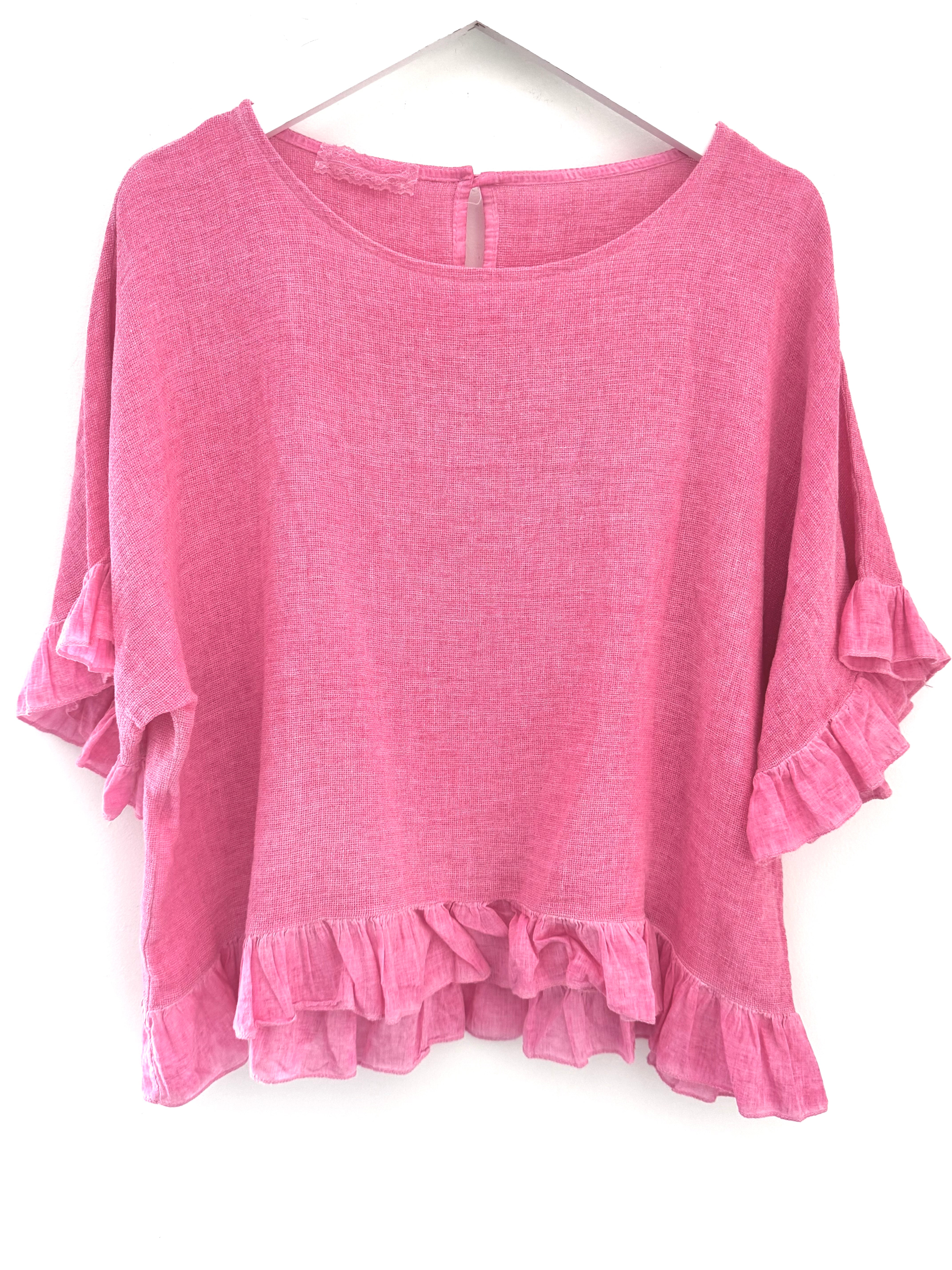 Linen & Cotton Ruffle Edge Top in Candy Pink
