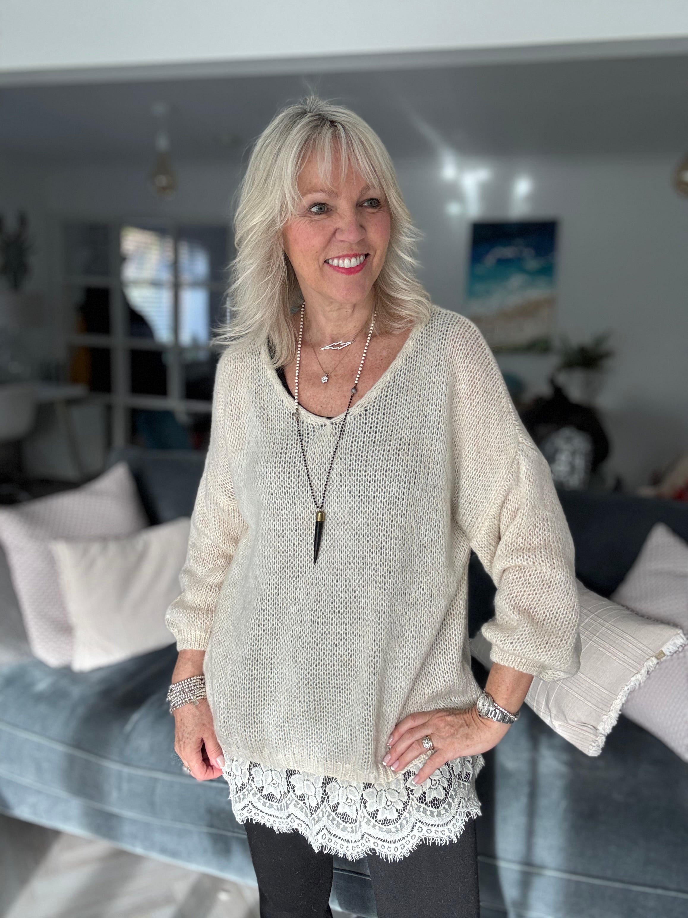 Soft Jumper with Lace Hem in Stone