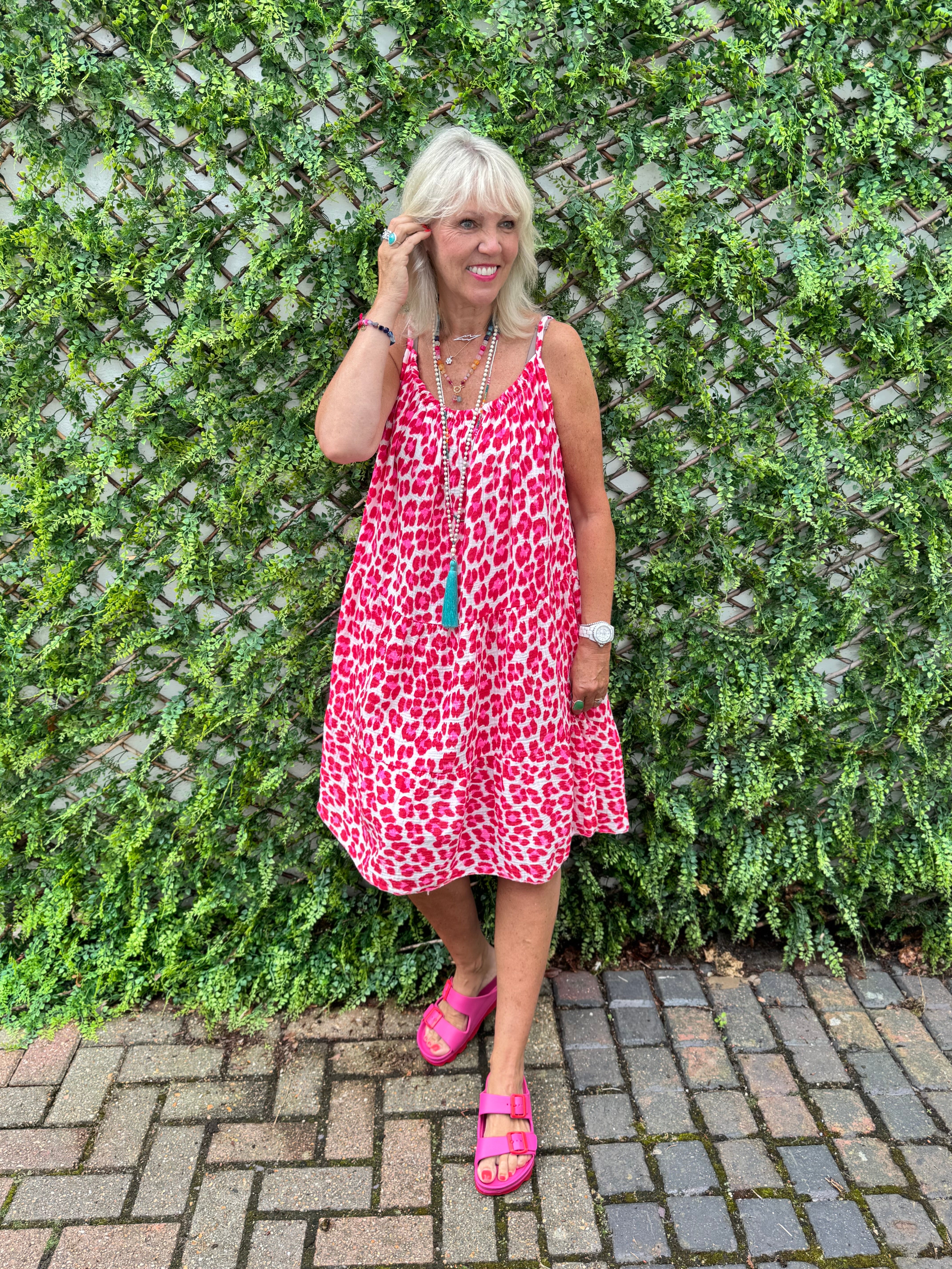 Leopard Cheesecloth Dress in Red & Pink