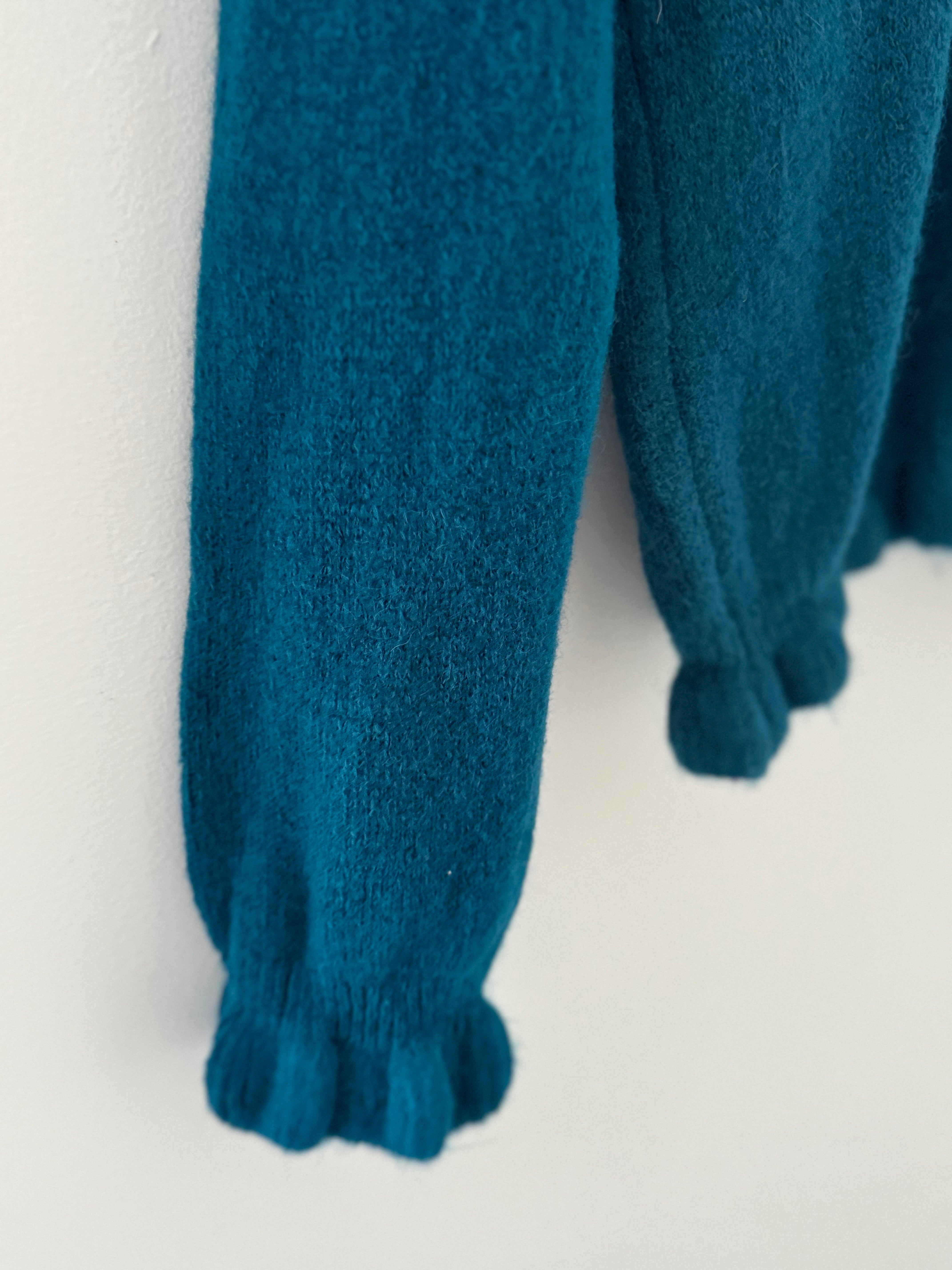 Alpaca Cardi with Frill Hems in Teal
