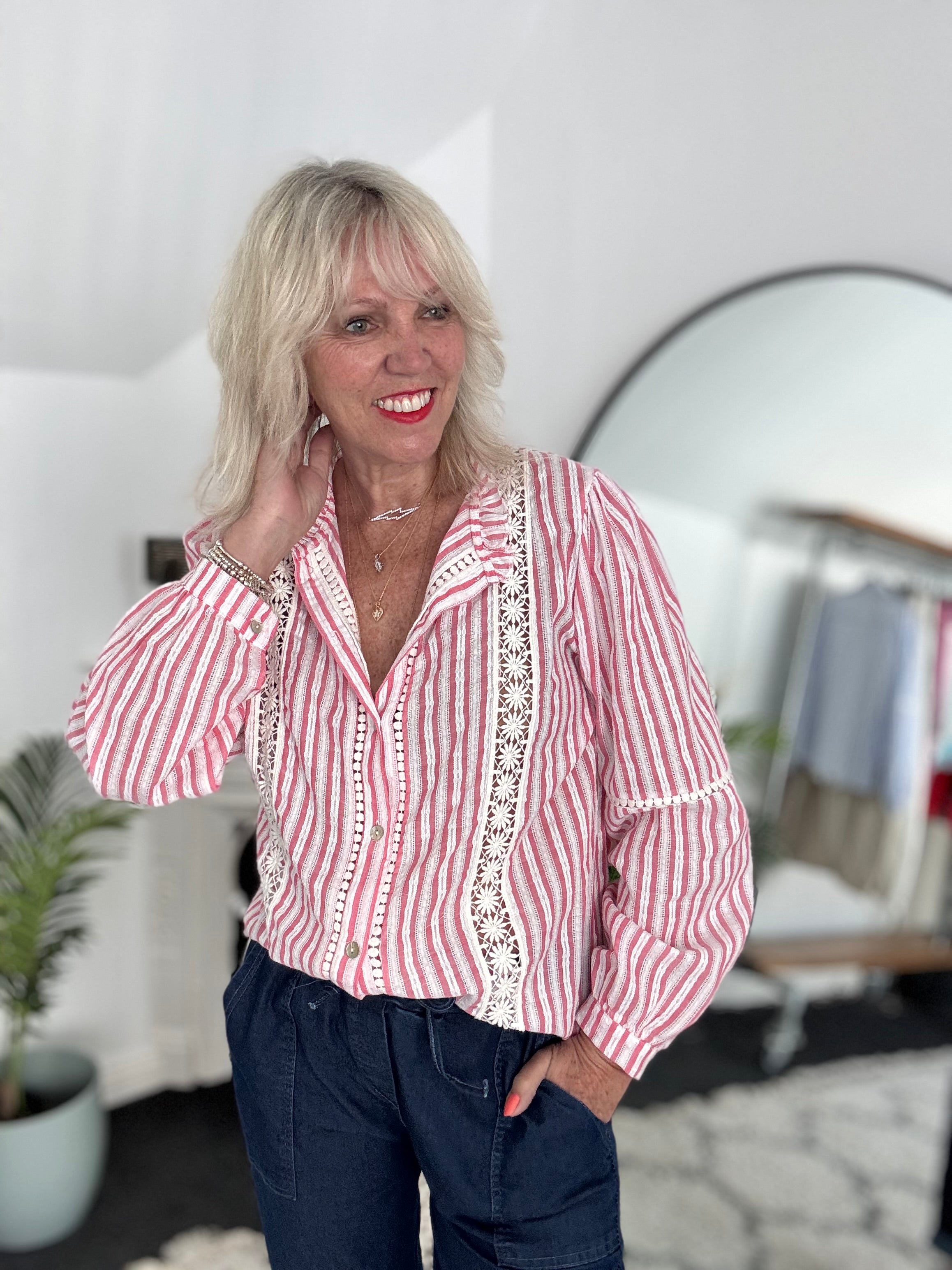 Cotton & Lace Shirt in Coral Pink & White