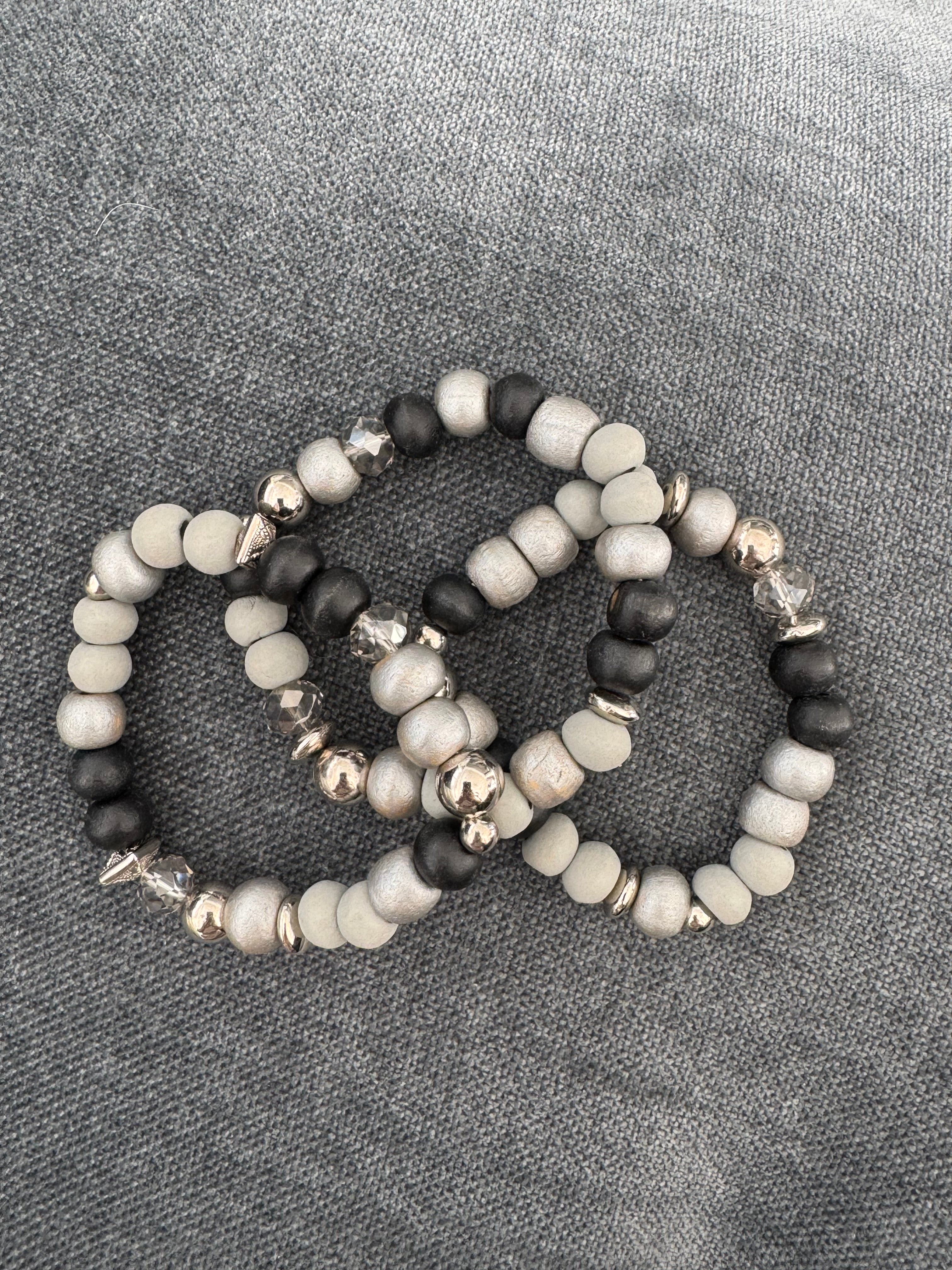 Triple Beaded Bracelet Stack in Black & Grey