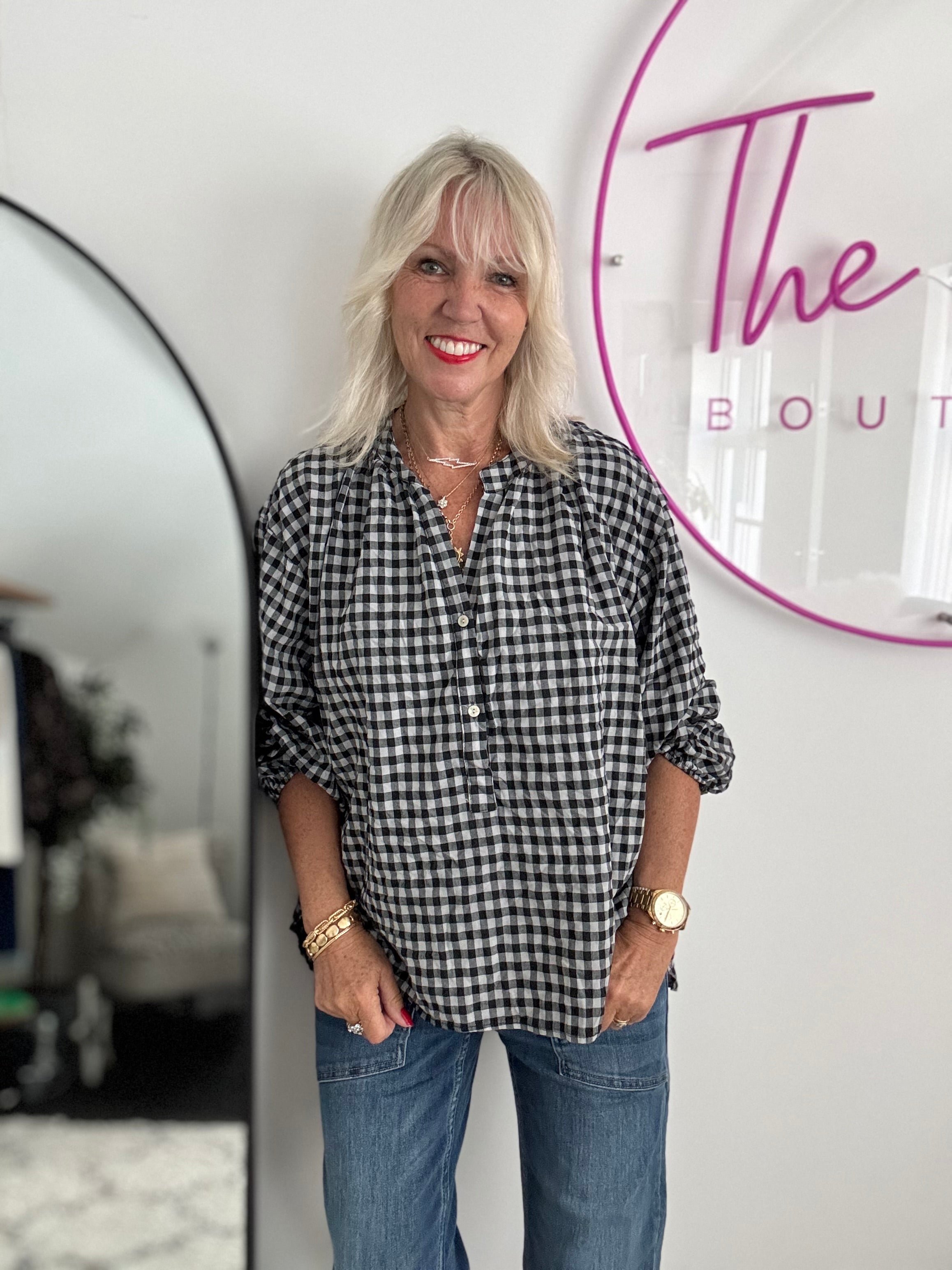 Oversized V Neck Check Top in Black & White
