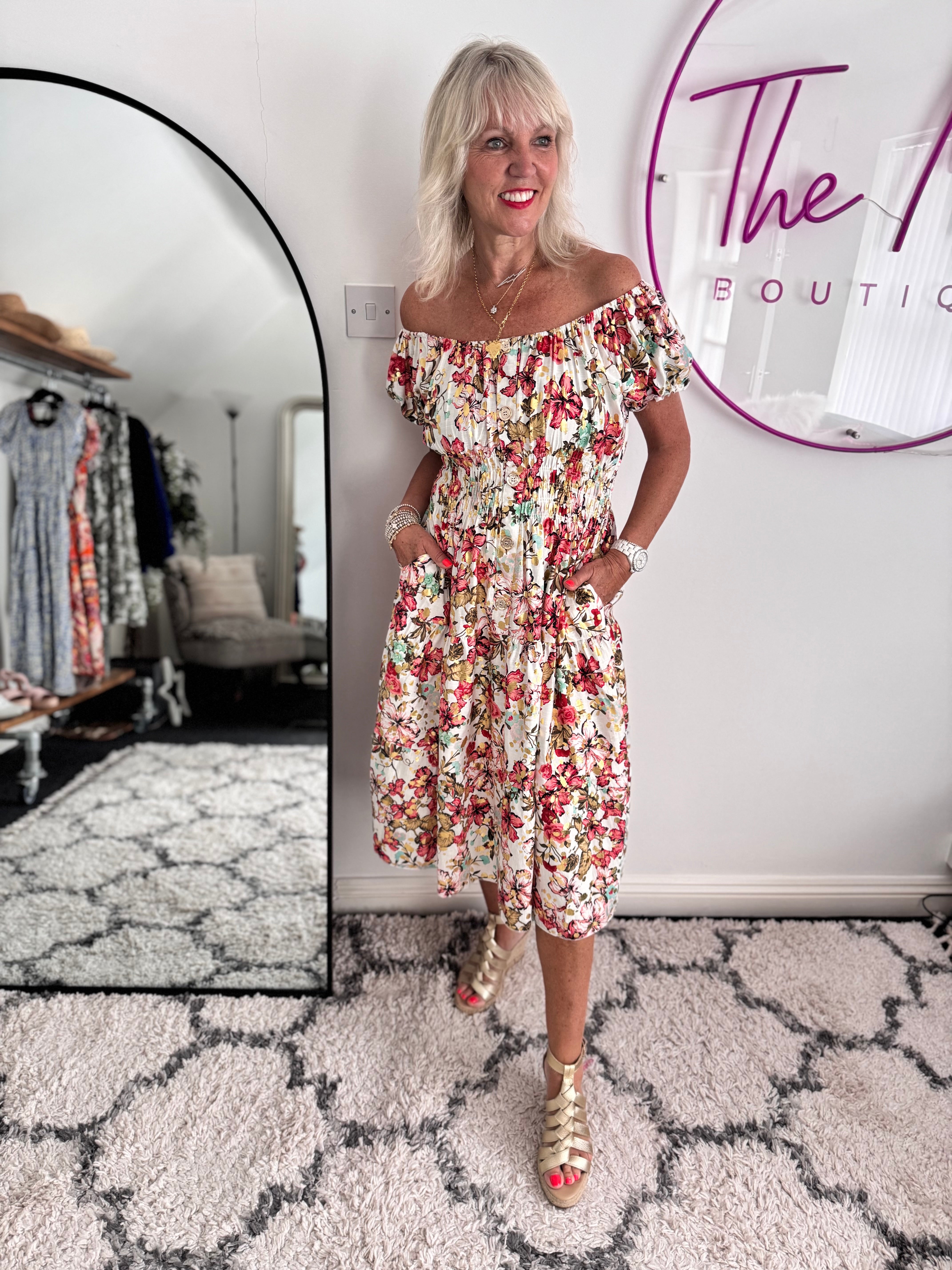Bardot Dress in Coral & Aqua