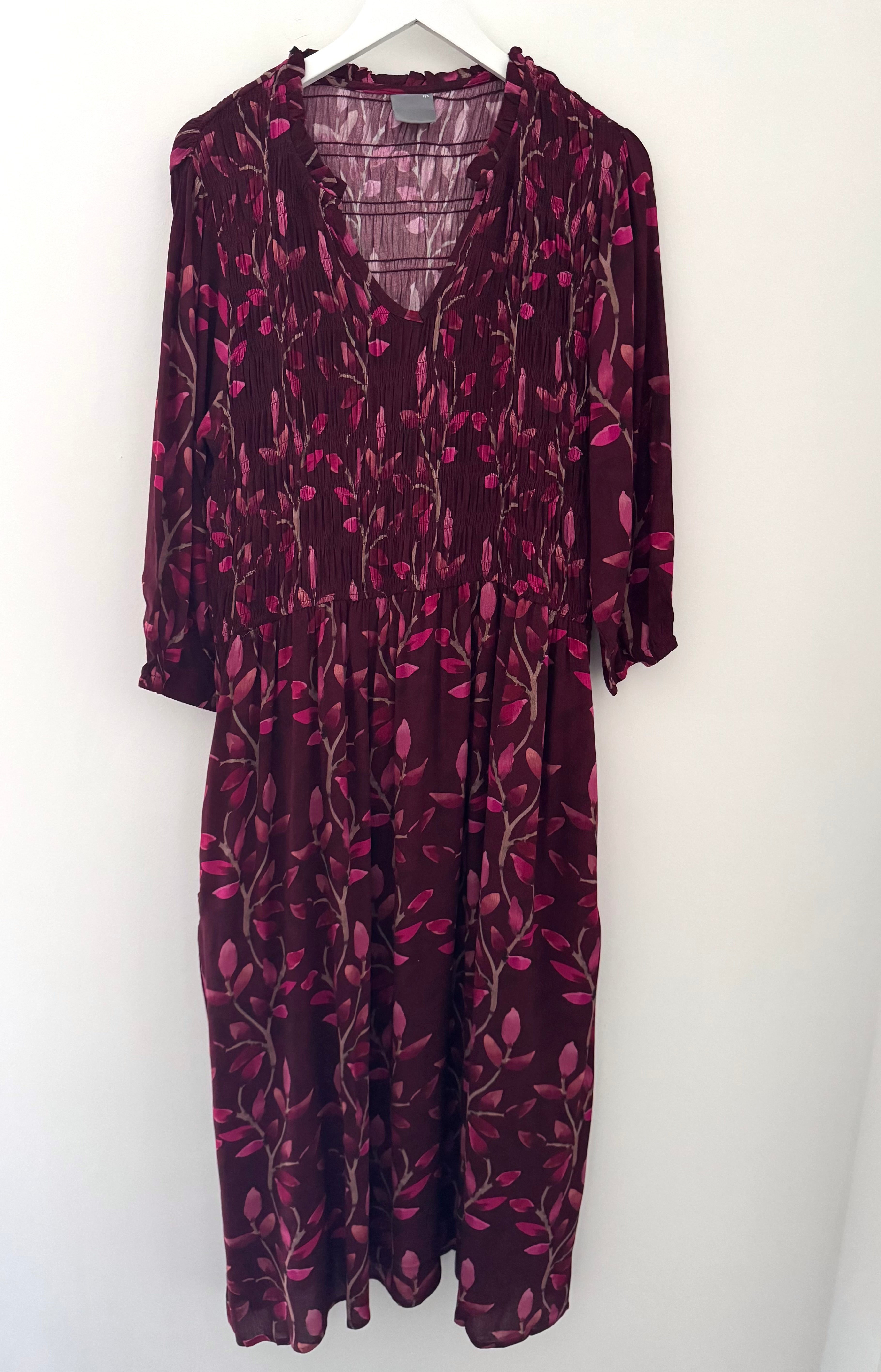 Leaf Print Dress with Shirred Bodice in Wine