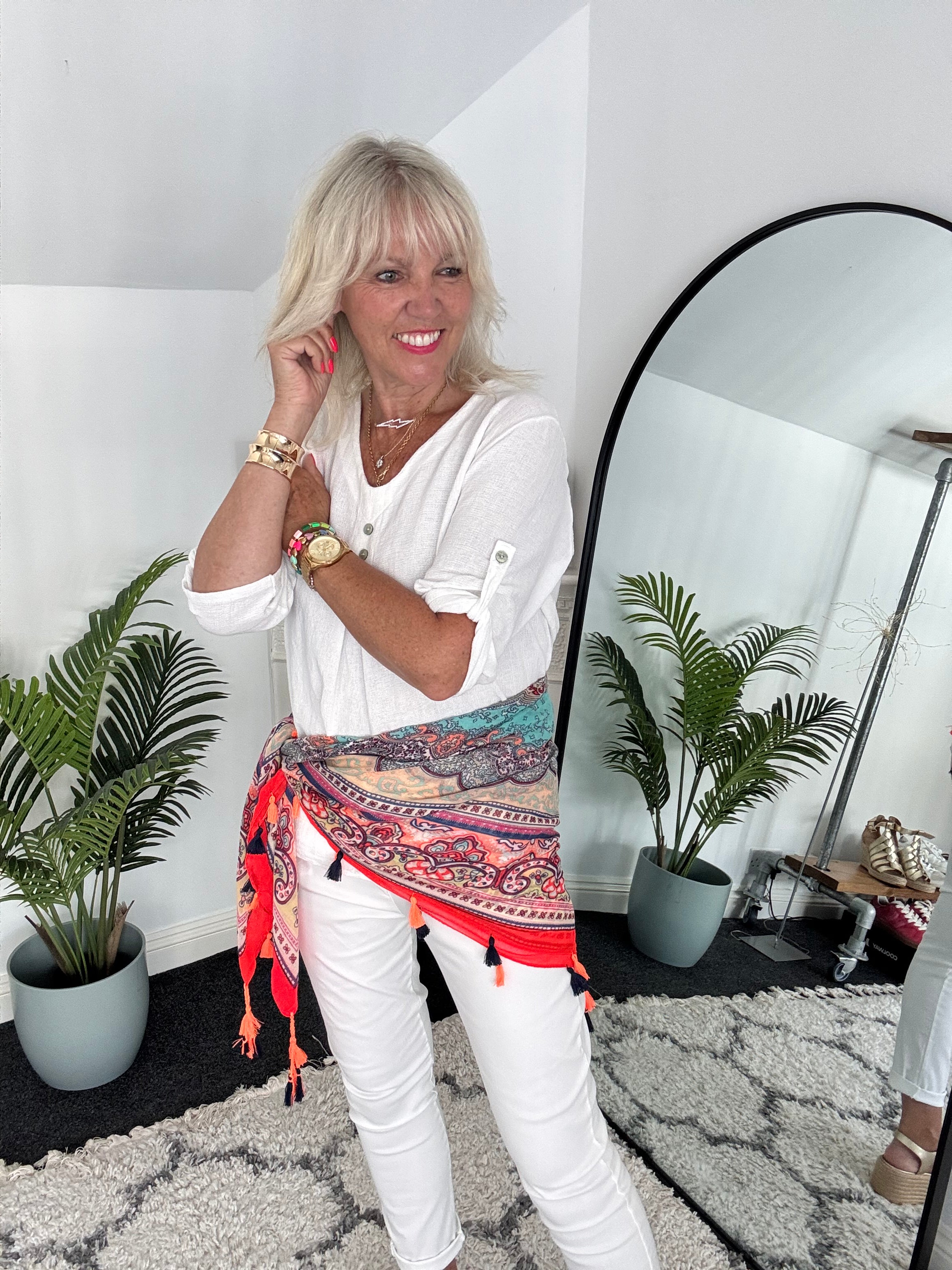 Paisley Square Scarf with Tassels in Neon Coral
