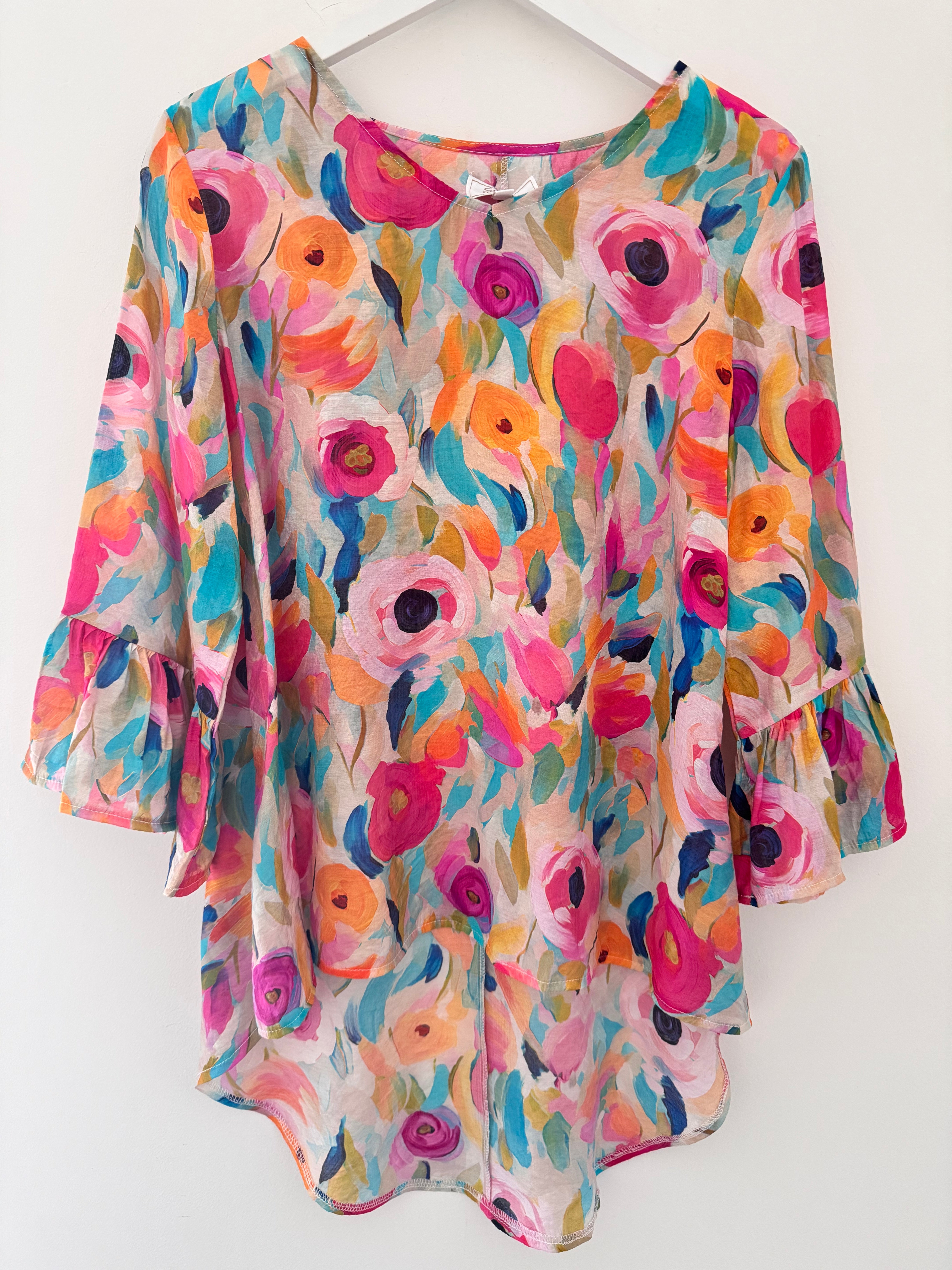Silky Floral Top with Ruffle Sleeves