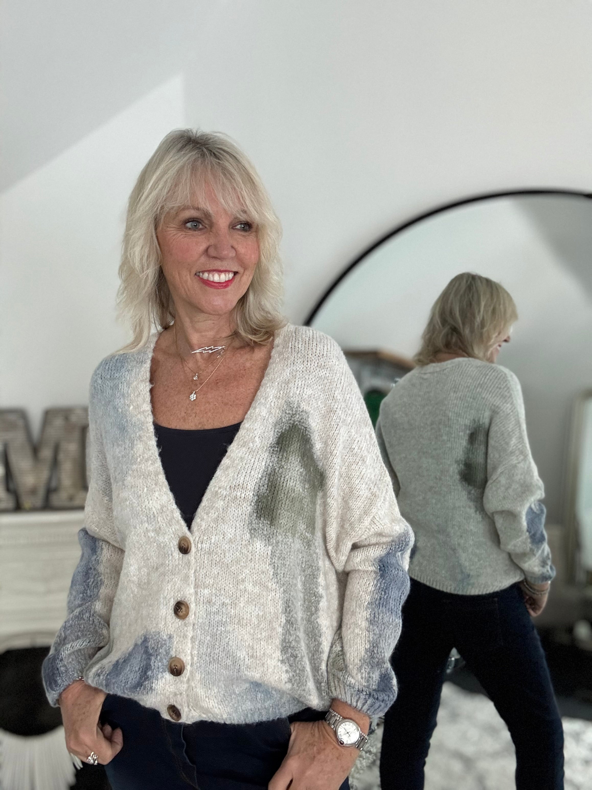 Brushstroke Boyfriend Cardi in Grey & Blue