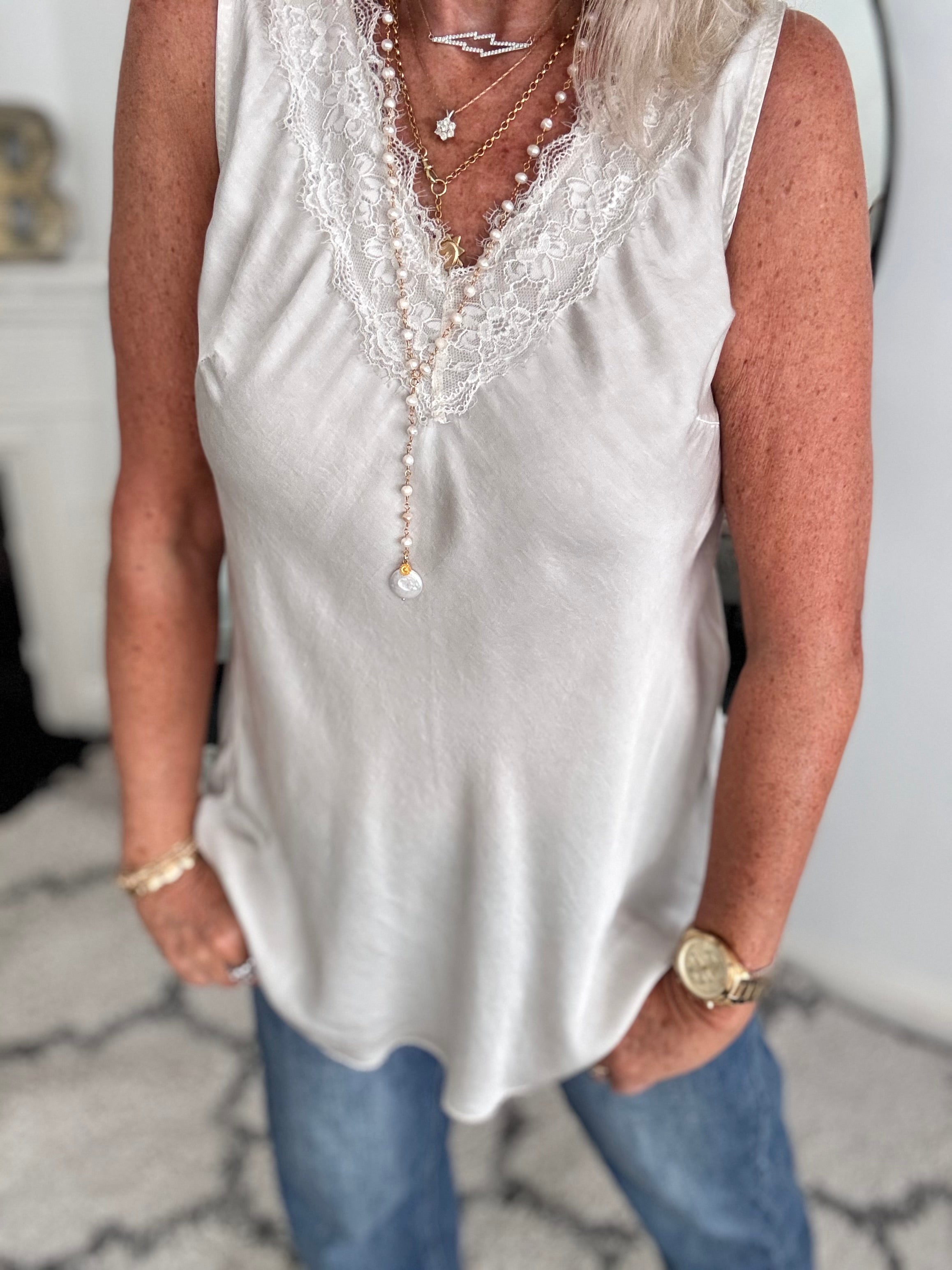 Lace Trim Silk Top in Ecru