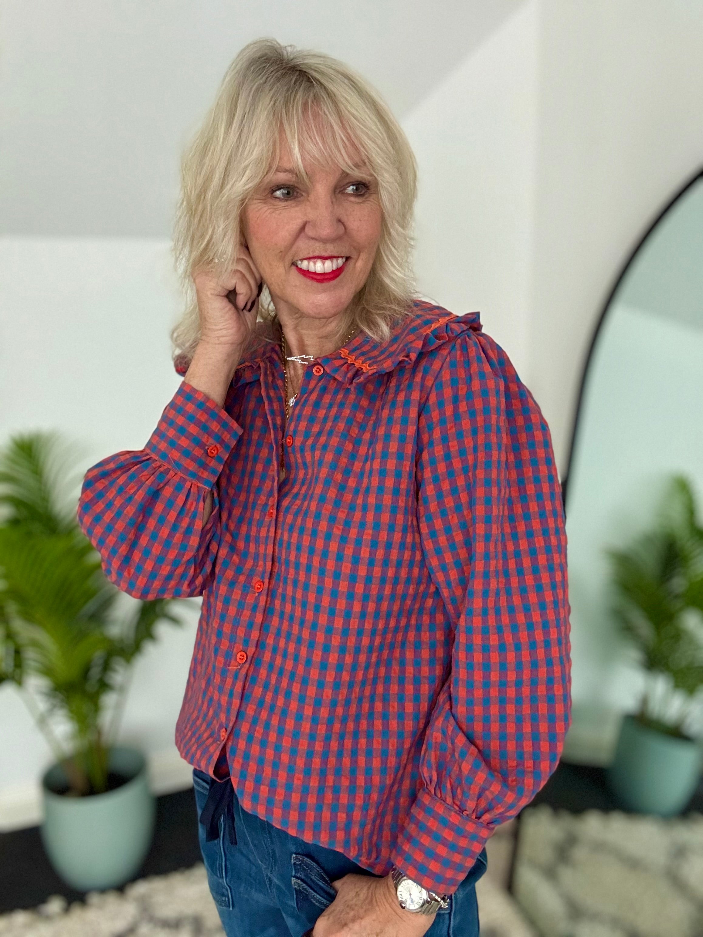 Collared Check Shirt in Orange & Blue