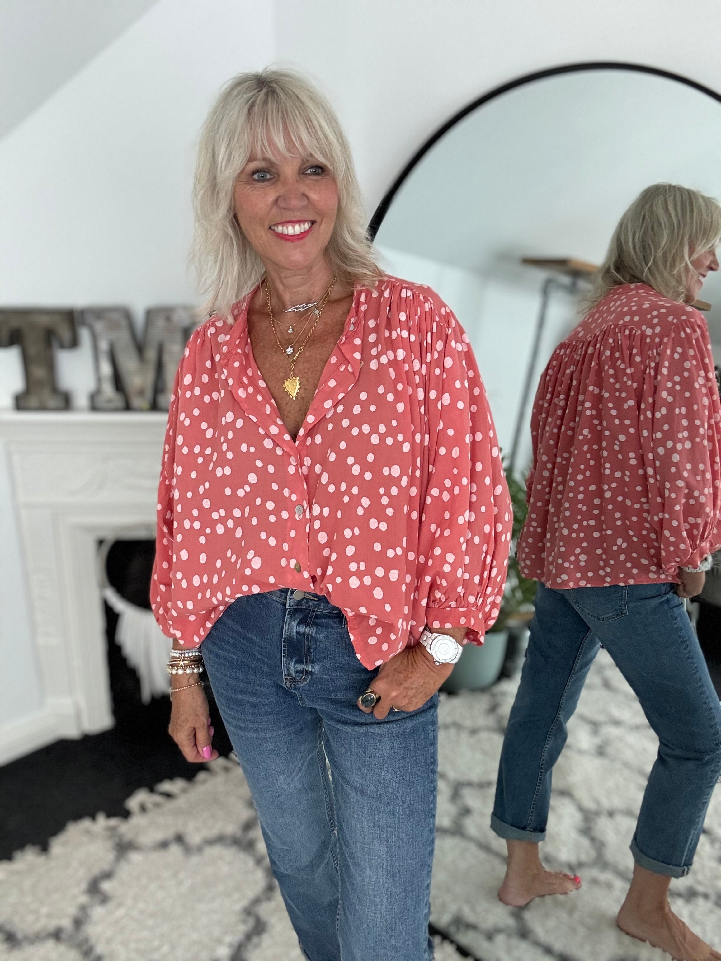 Cotton Batwing Blouse in Coral Spot
