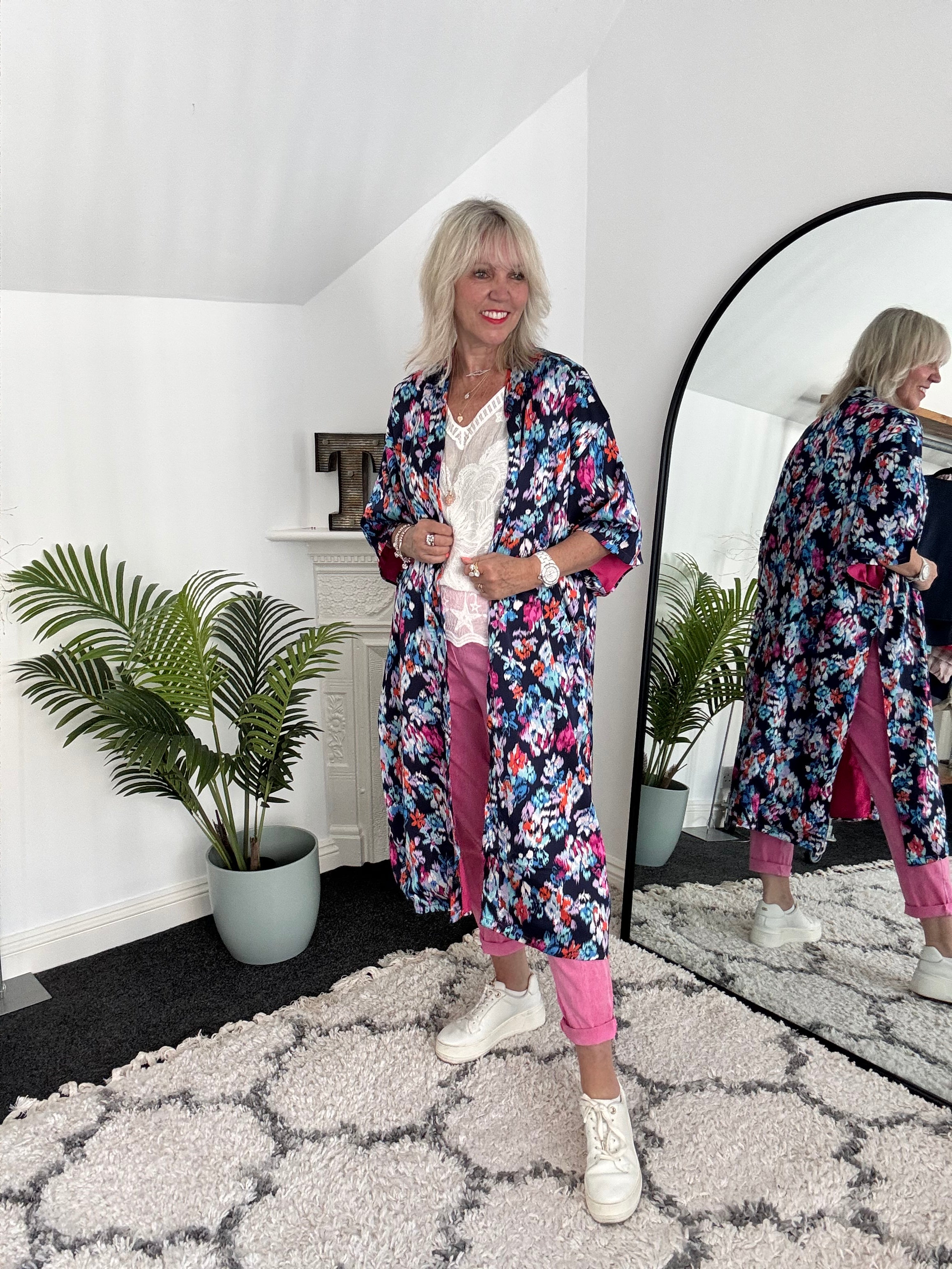 Silky Long Kimono in Blues & Pinks