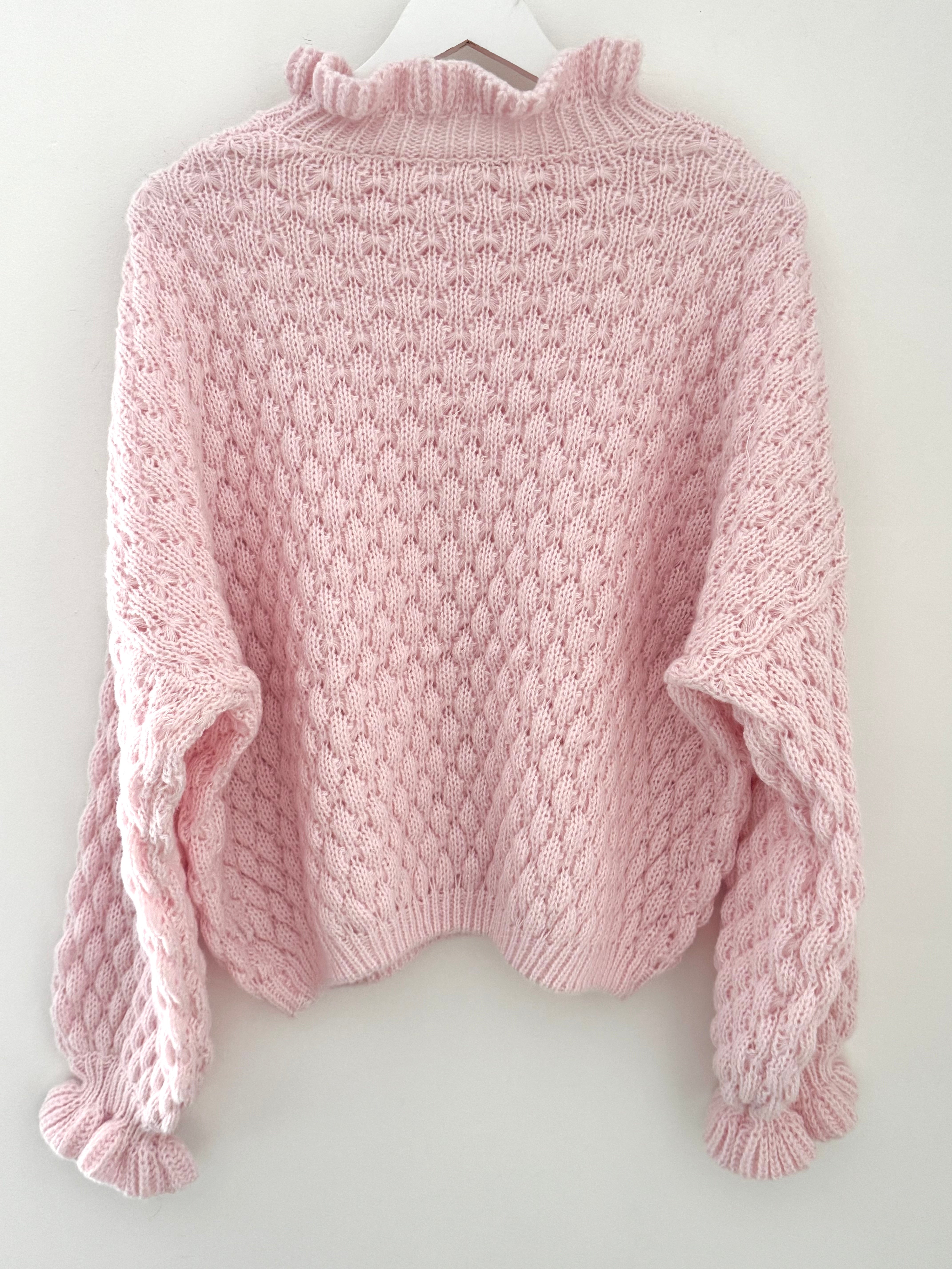 Waffle Jumper with Frill Neck in Pink