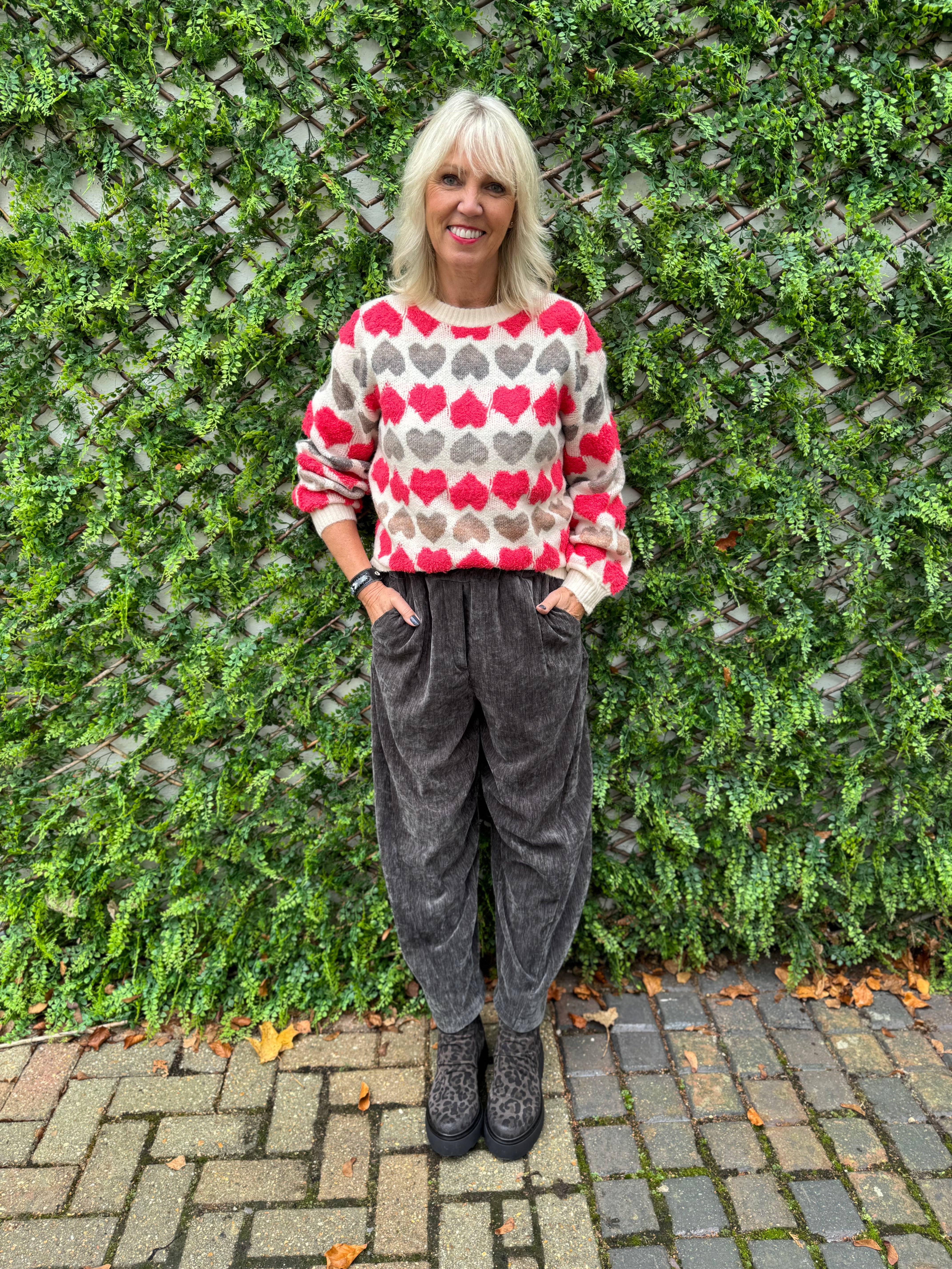 Velvet Stretch Boyfriend Trousers in Dark Grey