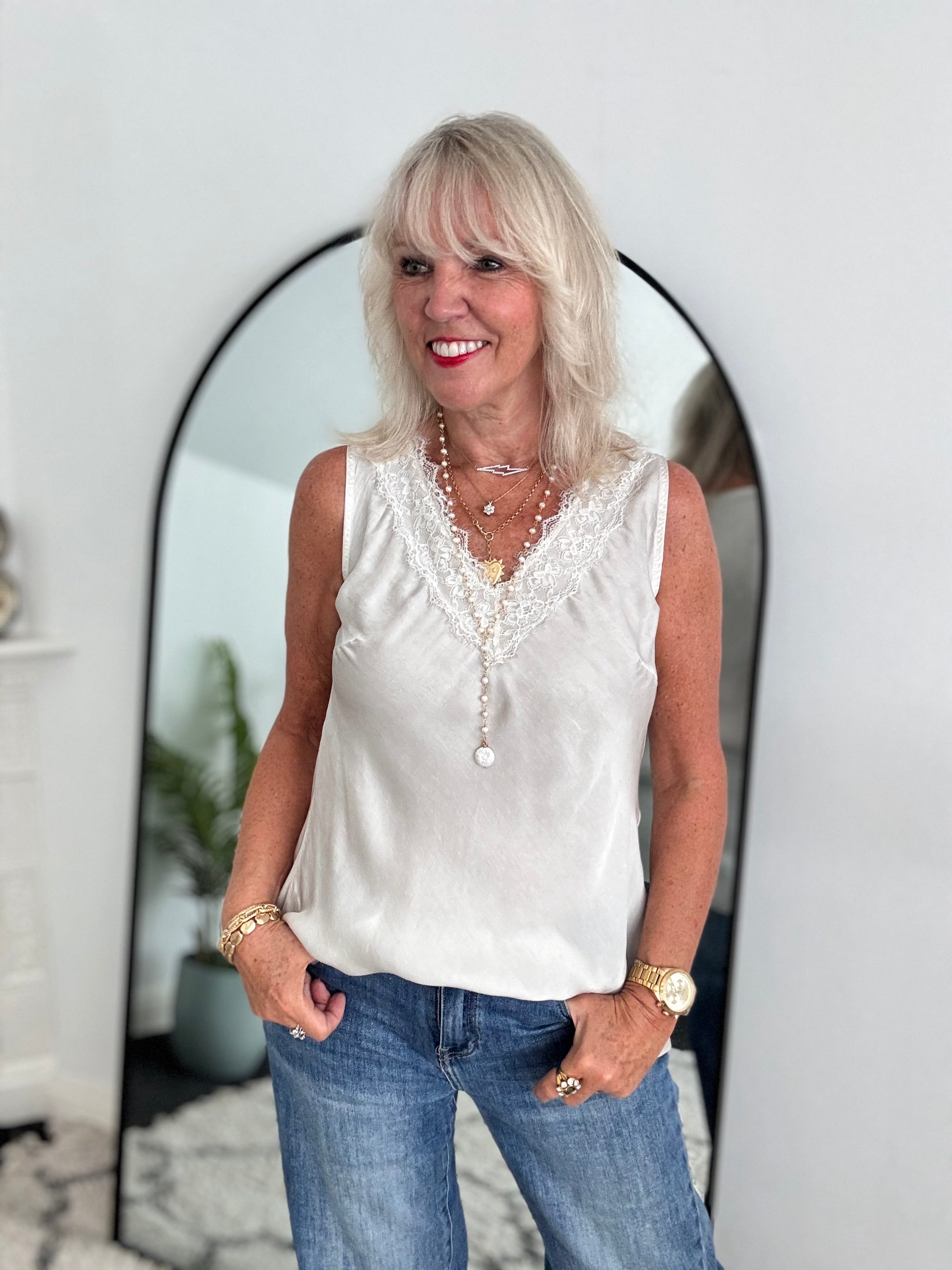 Lace Trim Silk Top in Ecru