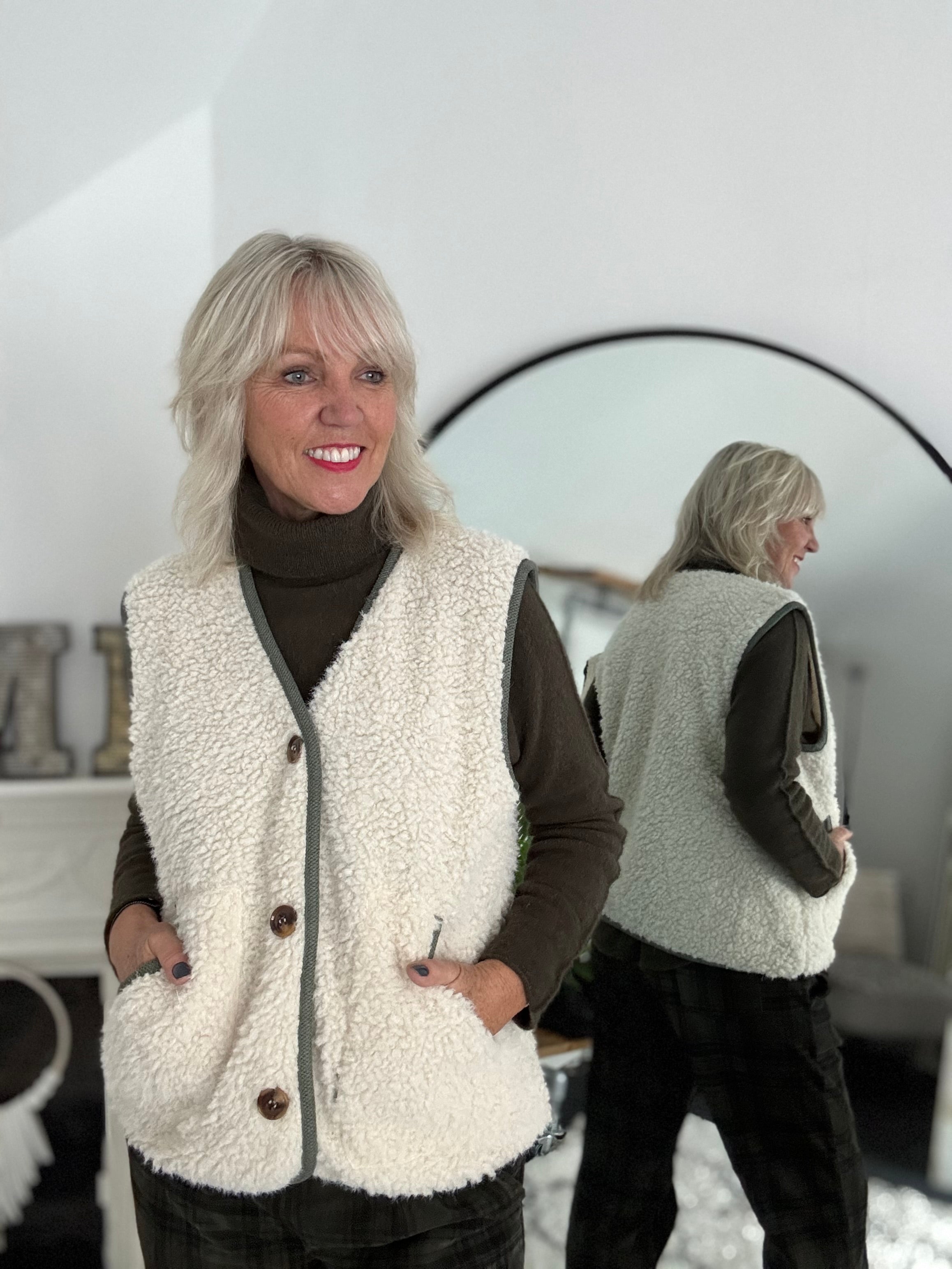 Sheepskin Borg Gilet with Khaki Trim