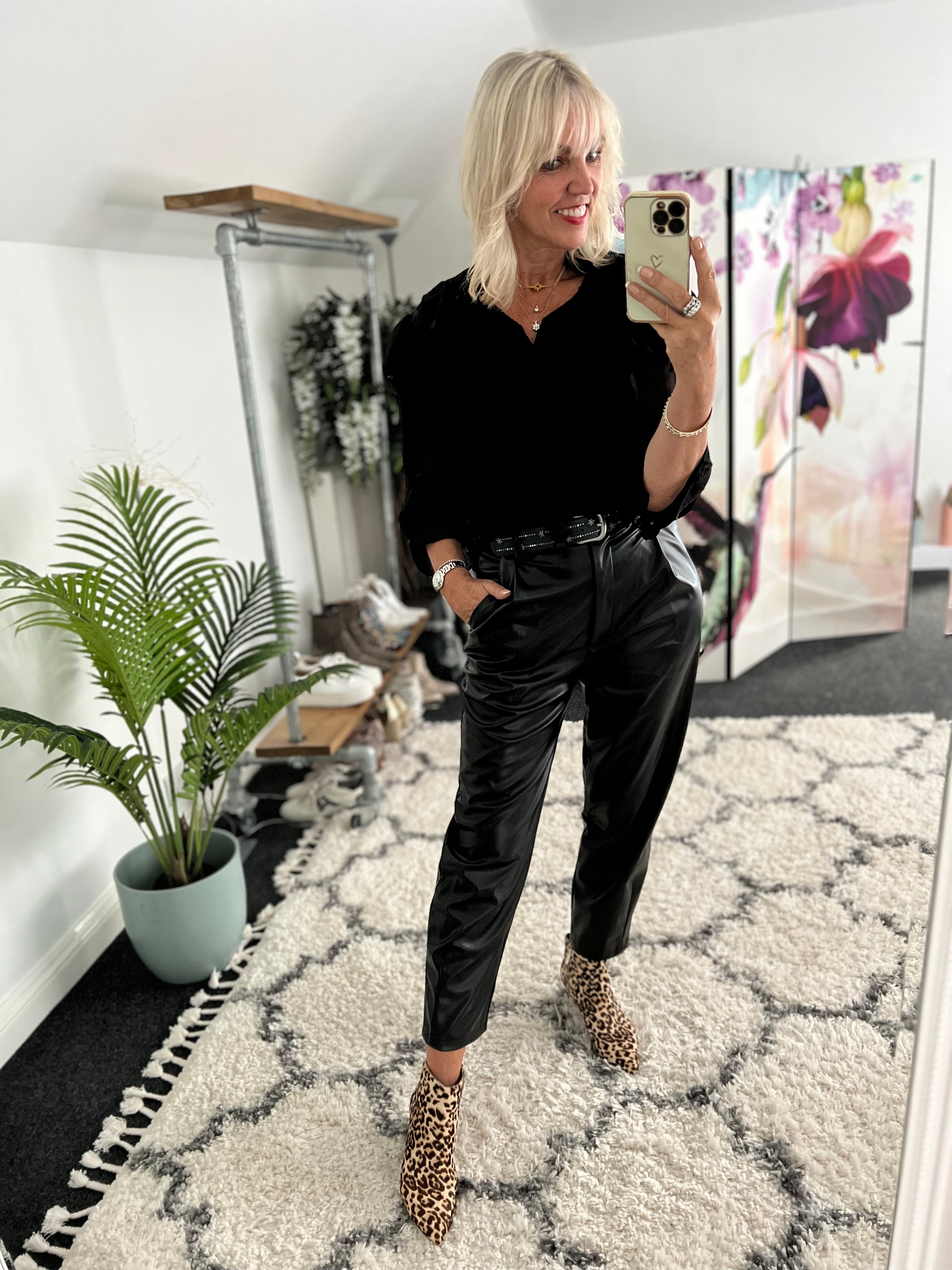 Vegan Leather Boyfriend Trousers in Black