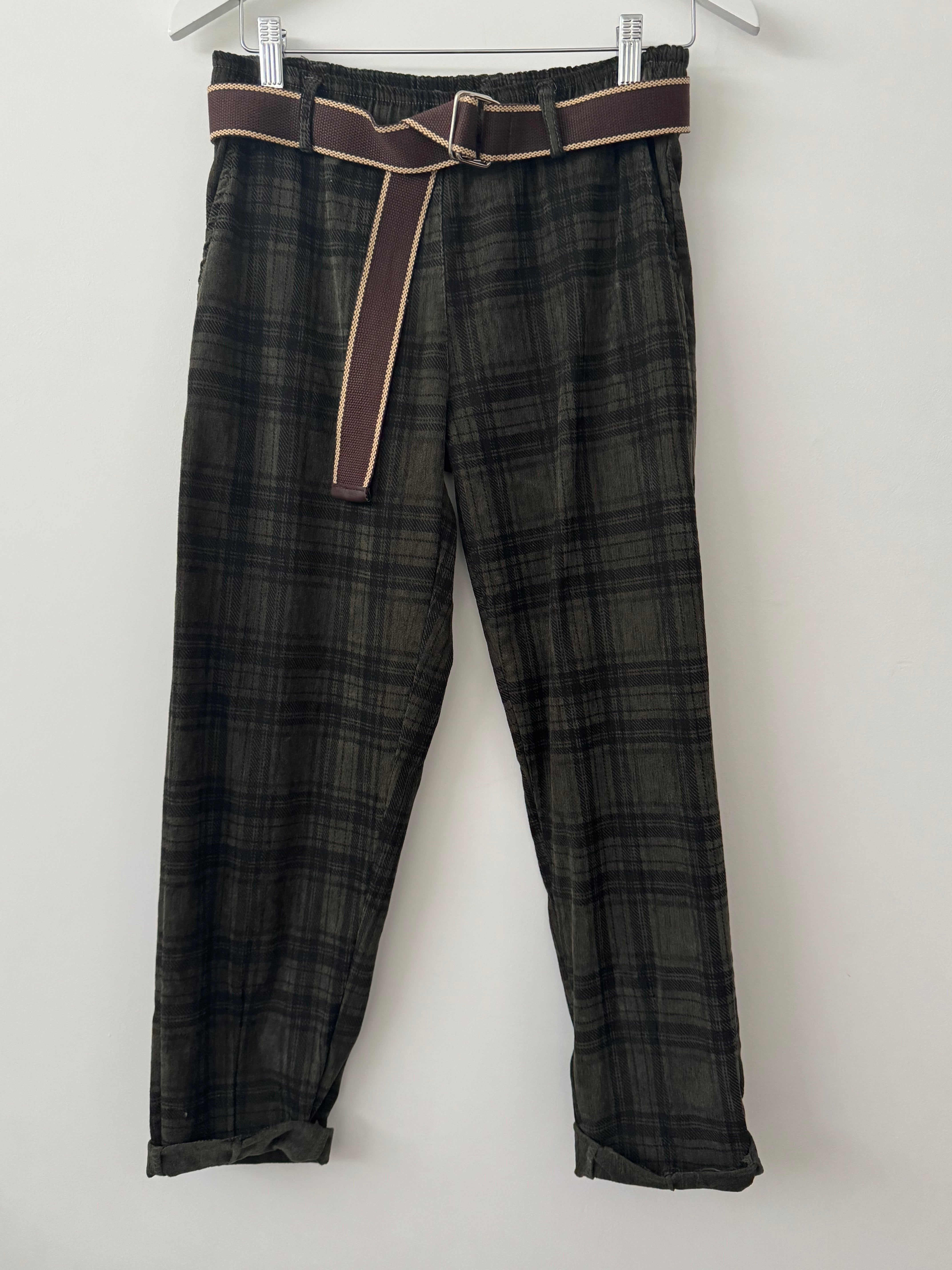 Fine Cord Check Trousers in Khaki