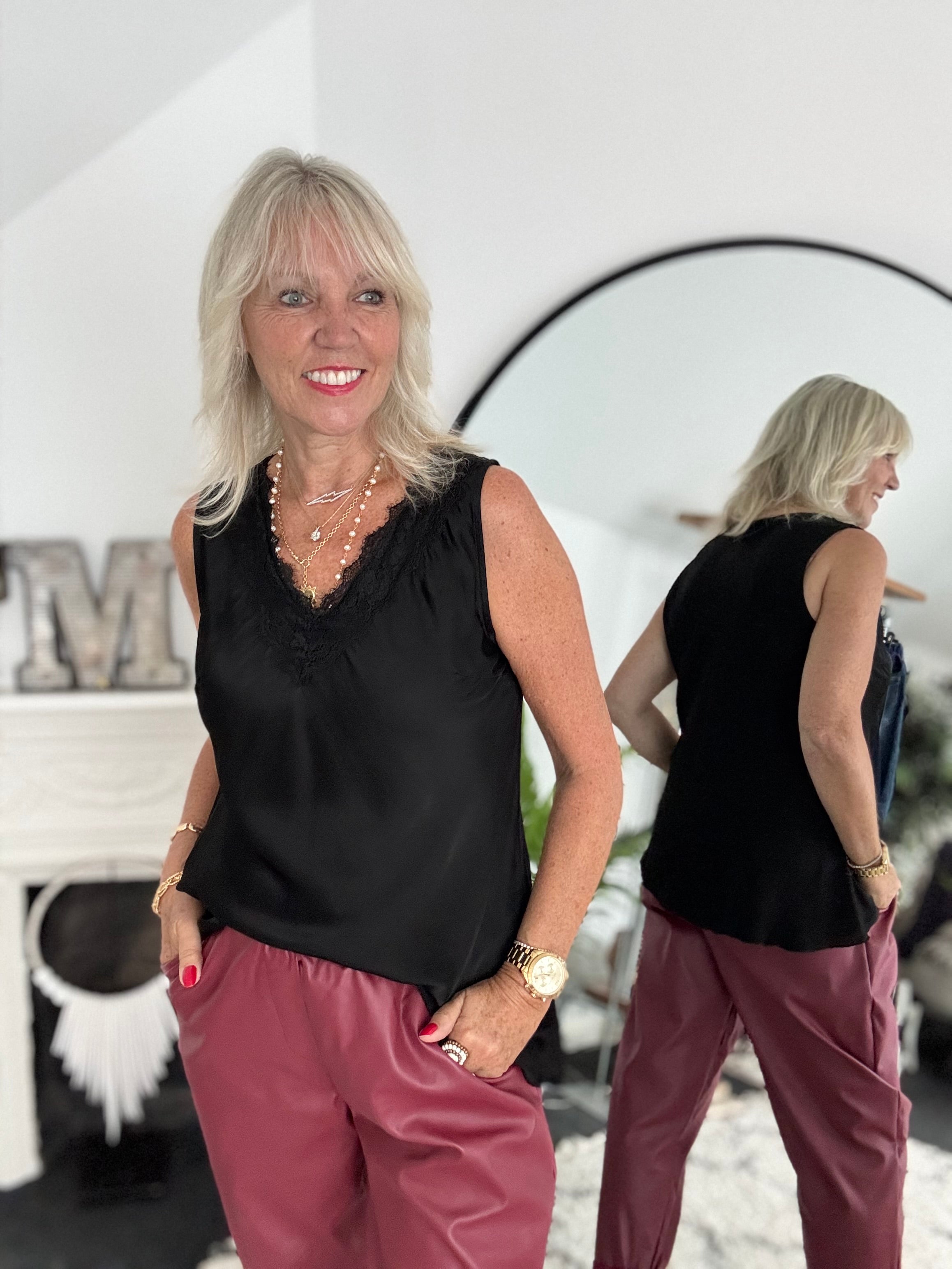 Lace Trim Silk Top in Black
