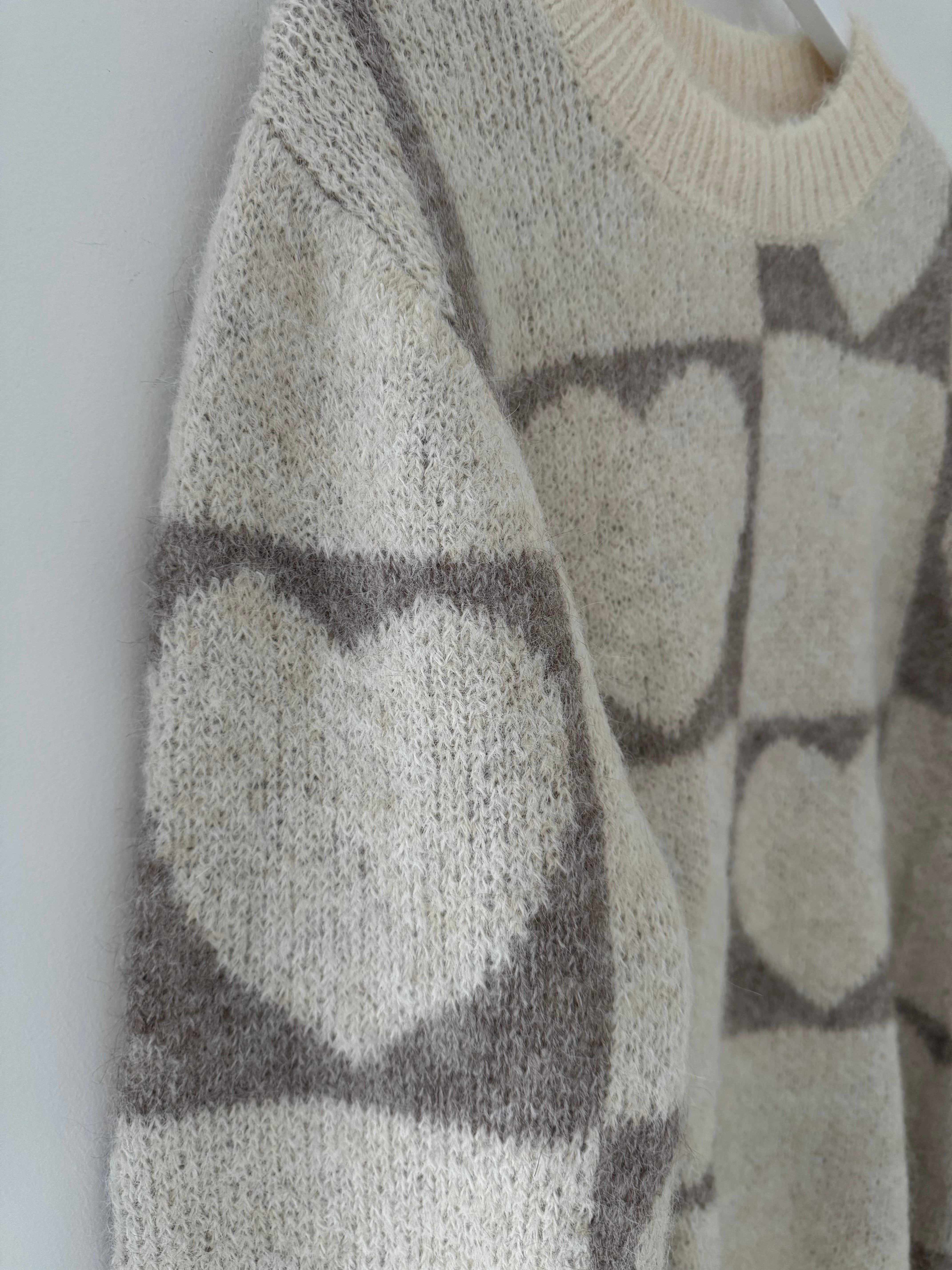 Heart & Squares Sweater in Ecru & Mocha