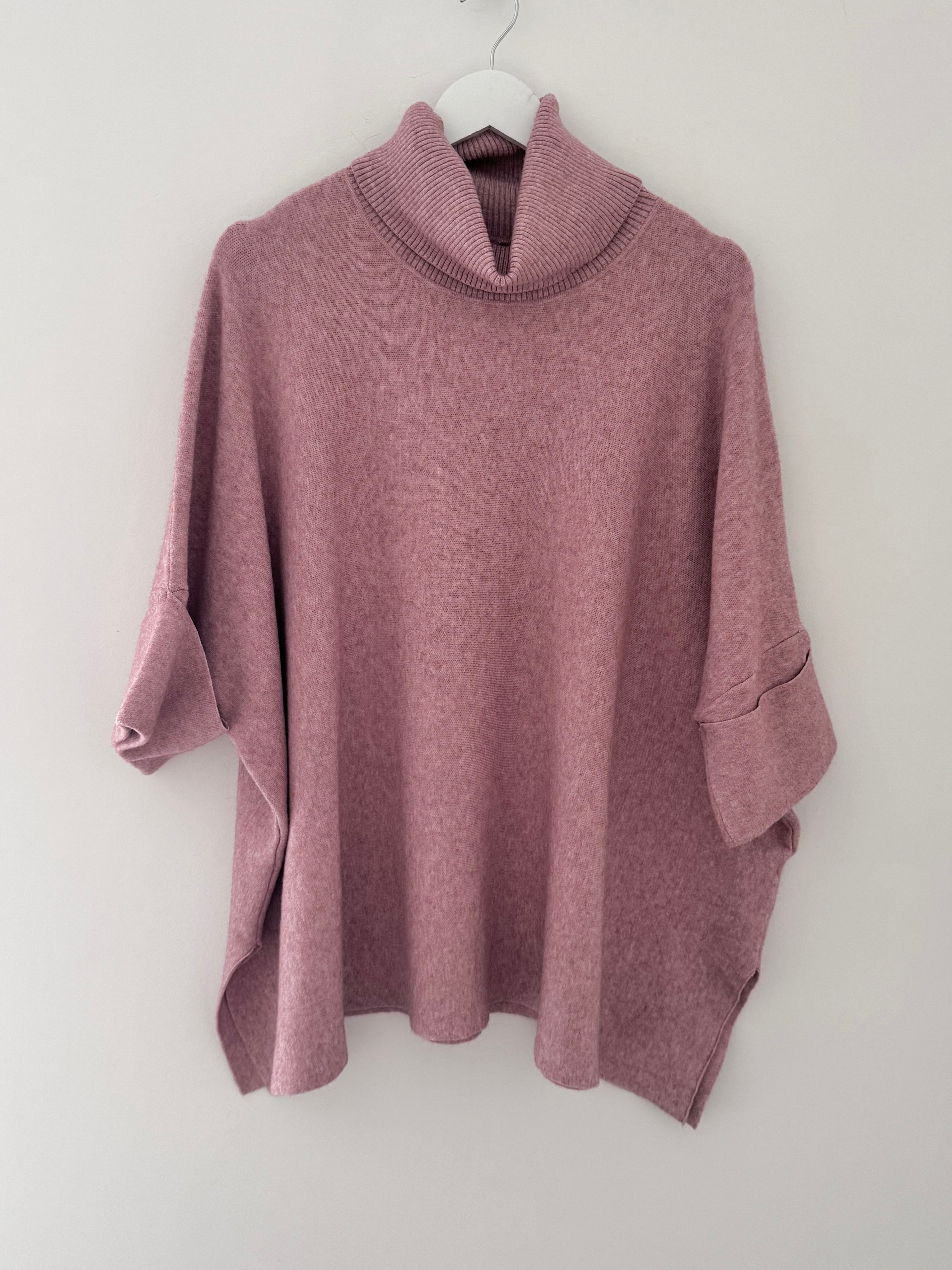 Oversized Roll Neck Poncho Jumper in Pink