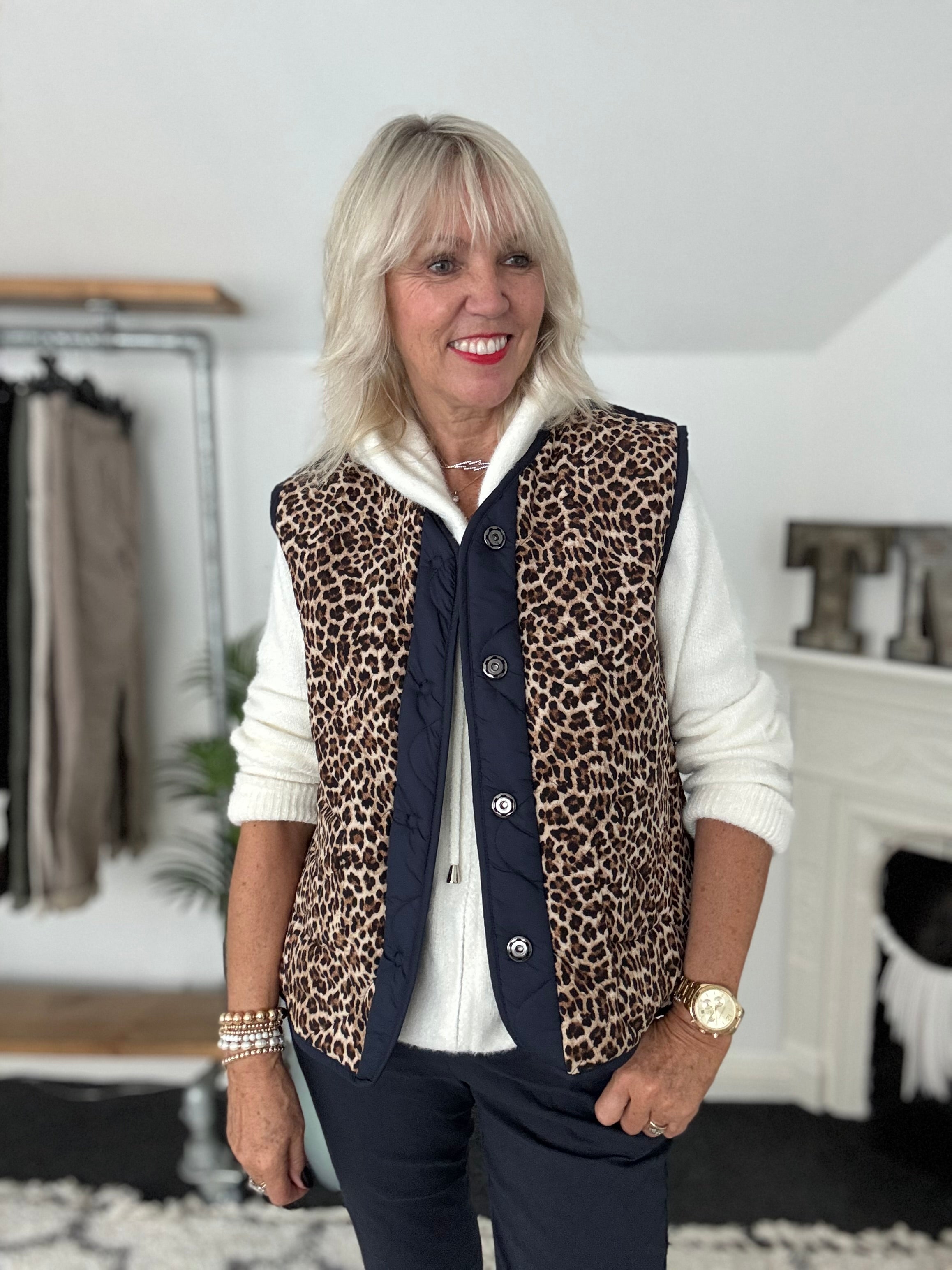 Reversible Quilted Gilet in Navy & Leopard