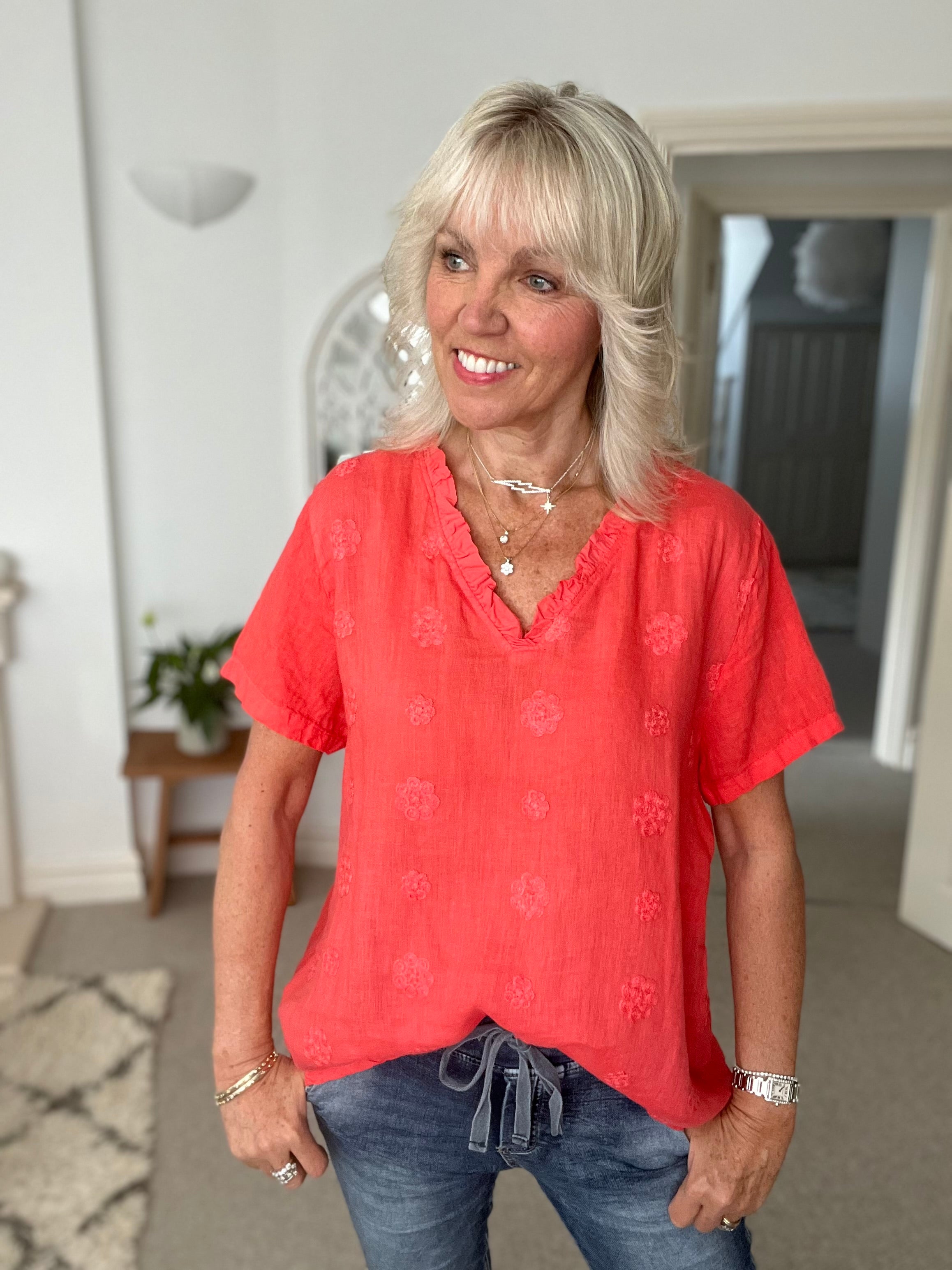 Linen Top with Embroidered Flowers in Coral