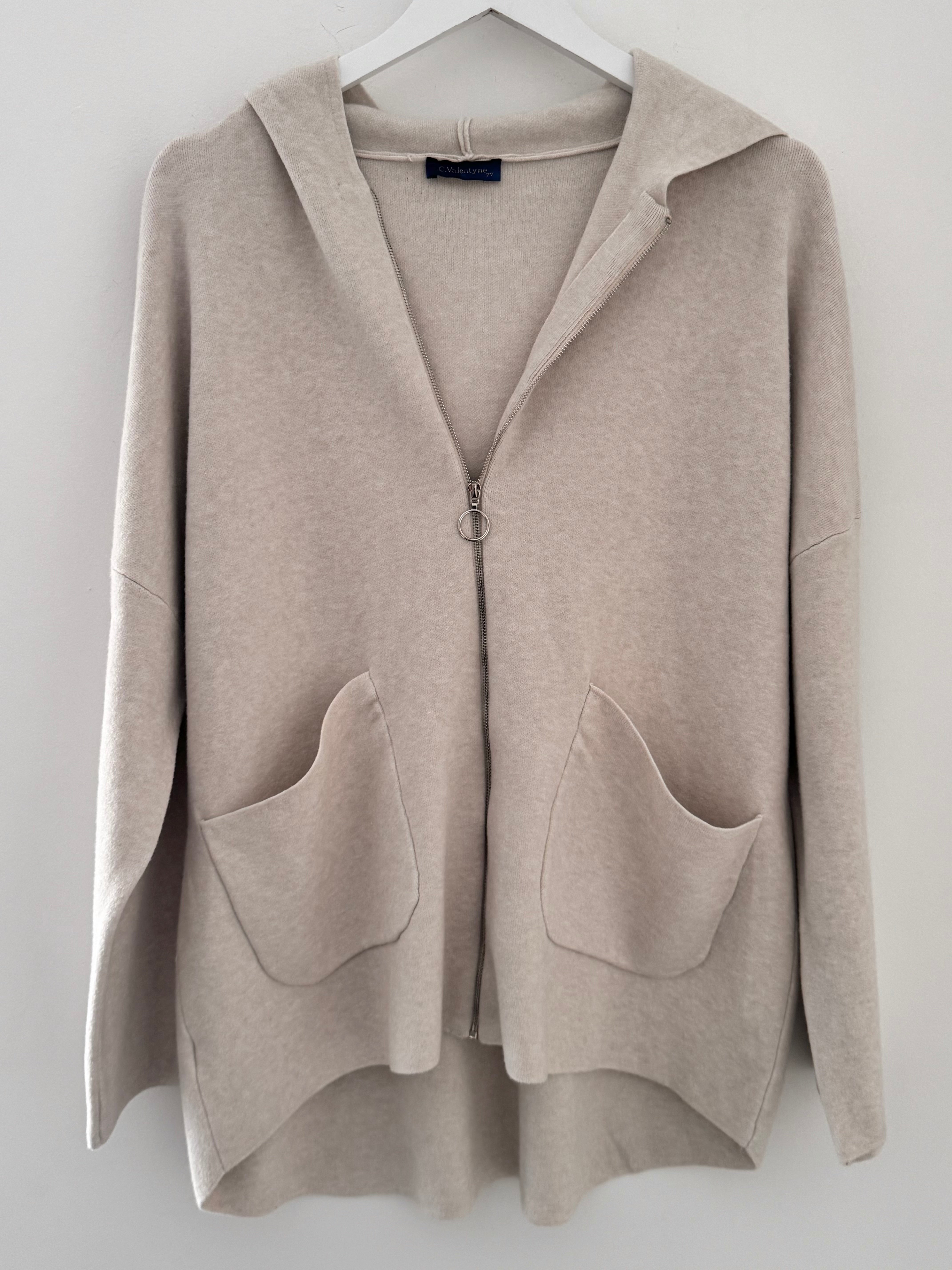 Hooded Zipped Coatigan in Ecru