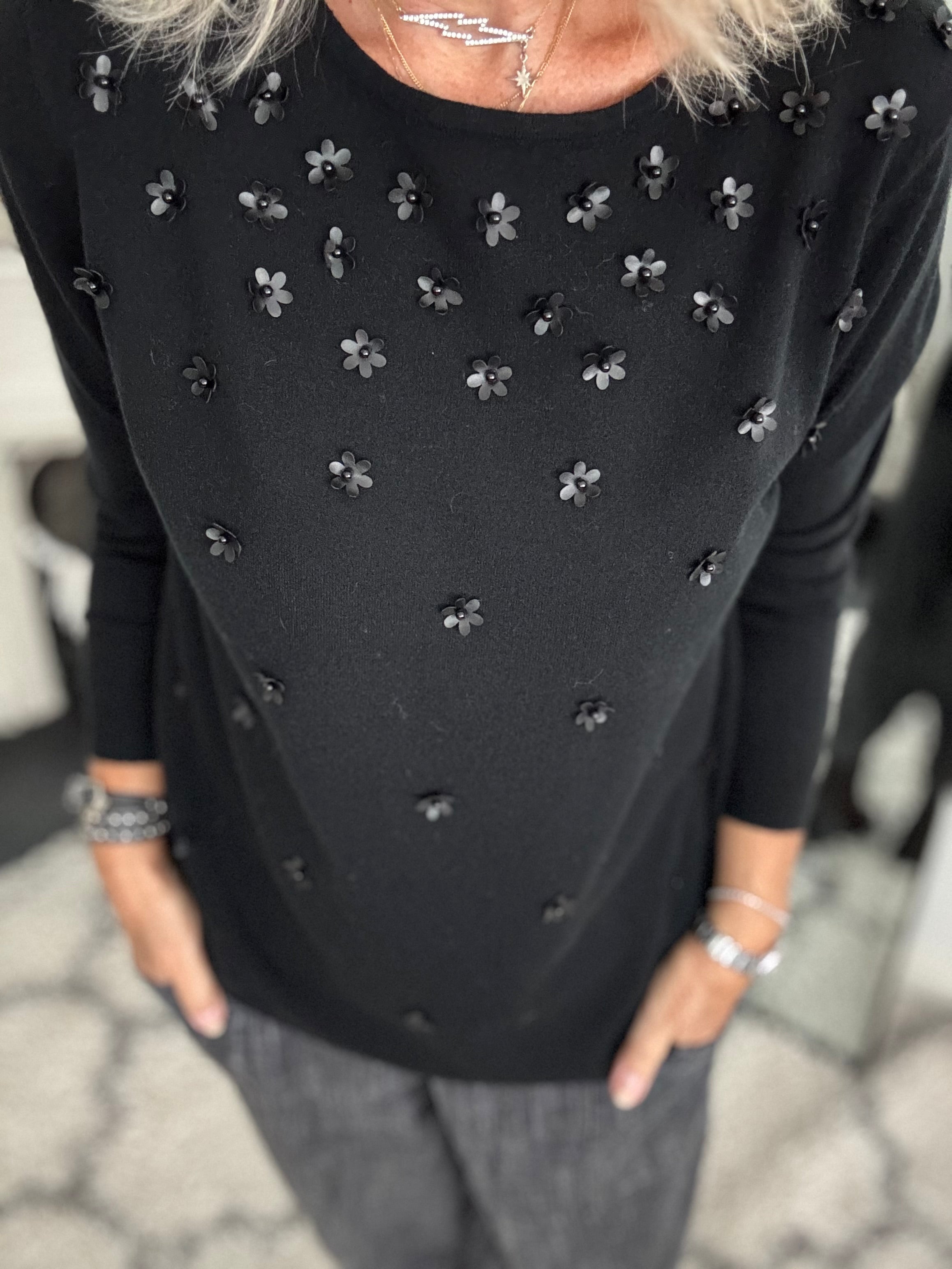 Soft Jumper with Flowers in Black