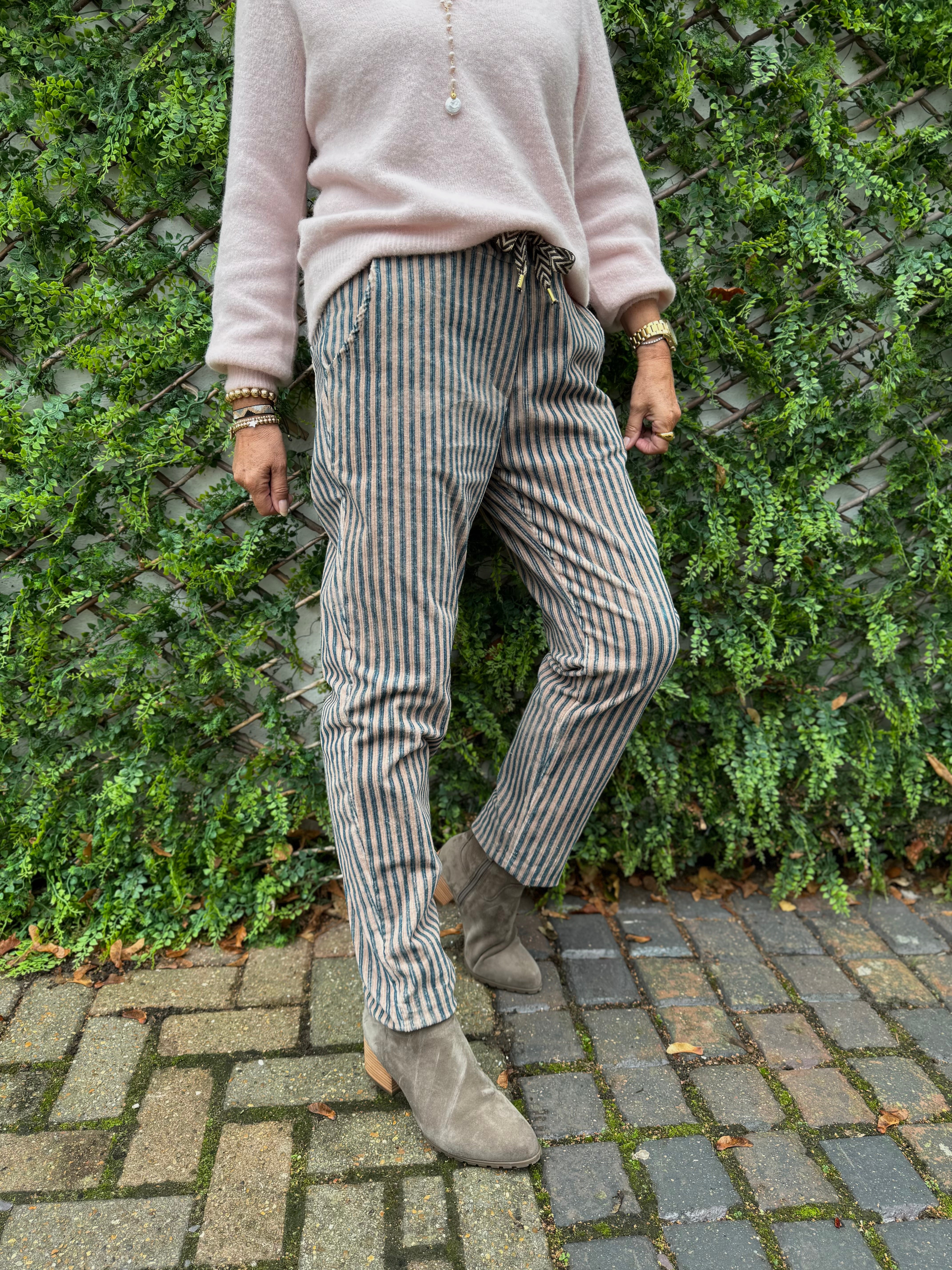 Chenille Cord Joggers in Mocha & Teal Stripe